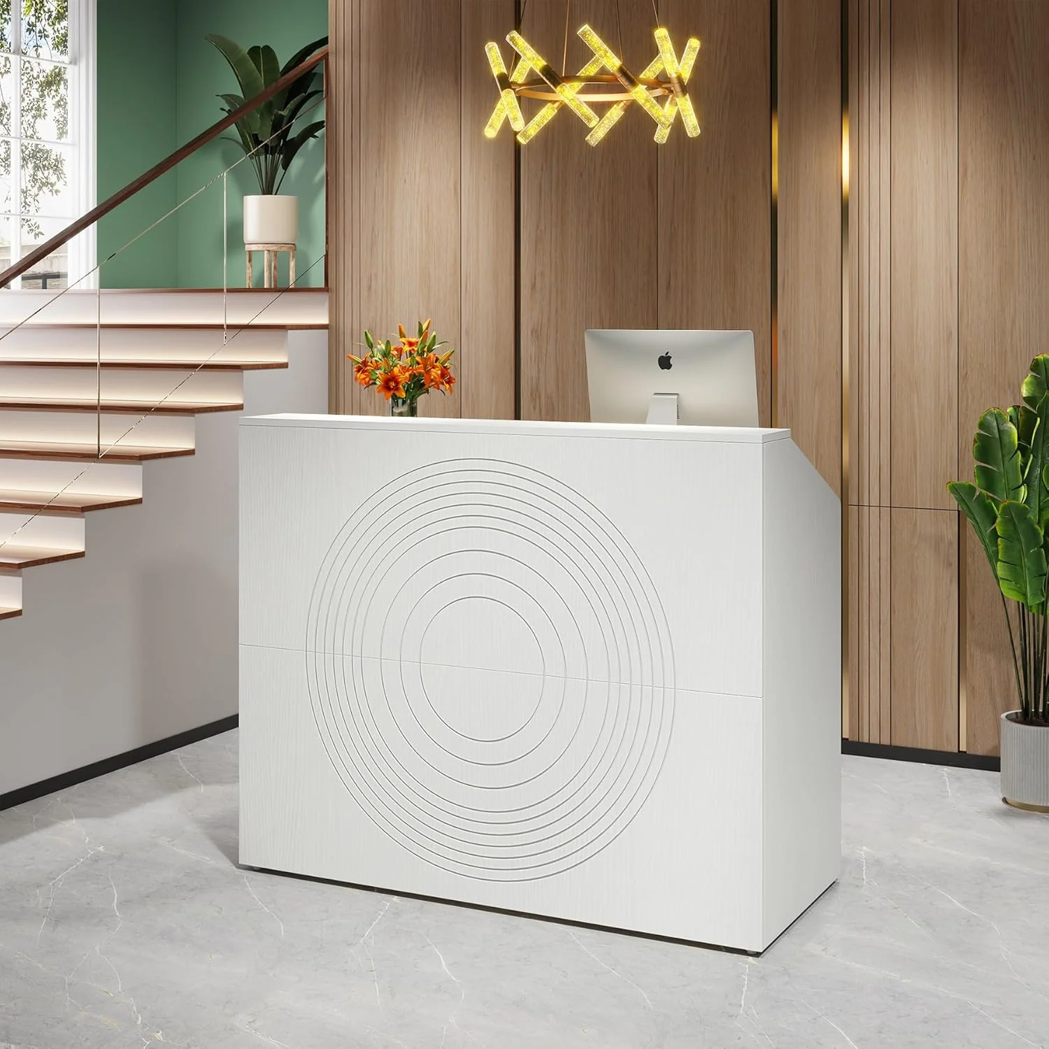 46.46" Modern Reception Desk, White Front Counter with Cable Grommet for Salon and Home Office