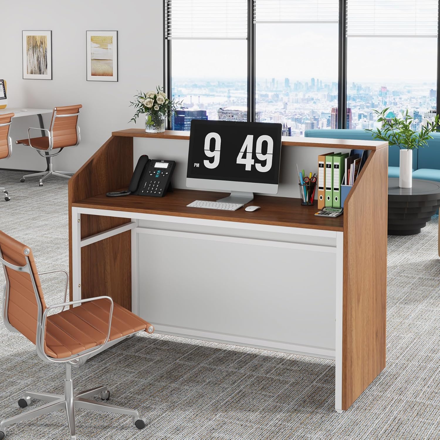 46.46" Modern Reception Desk, White Front Counter with Cable Grommet for Salon and Home Office - Image 10