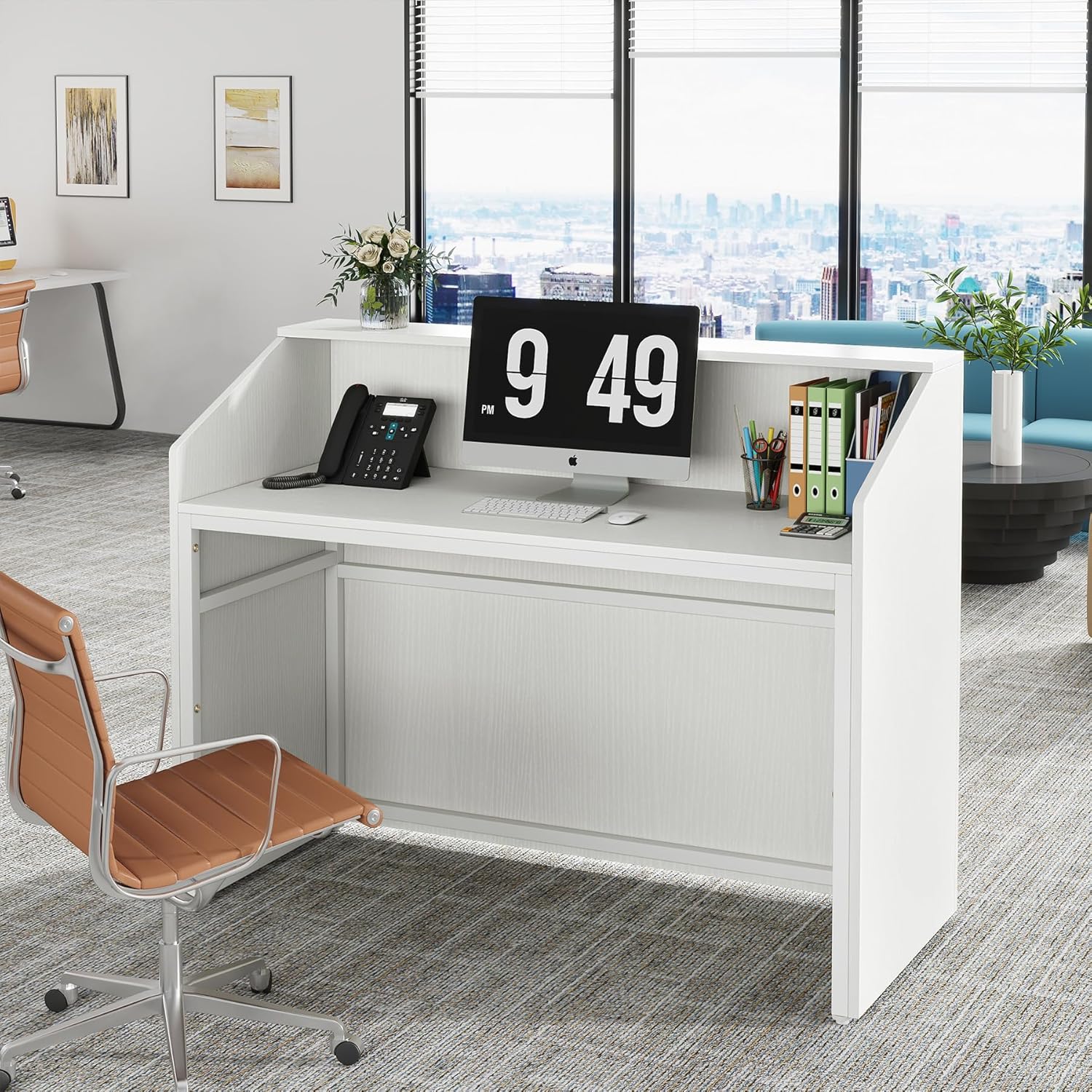 46.46" Modern Reception Desk, White Front Counter with Cable Grommet for Salon and Home Office - Image 3