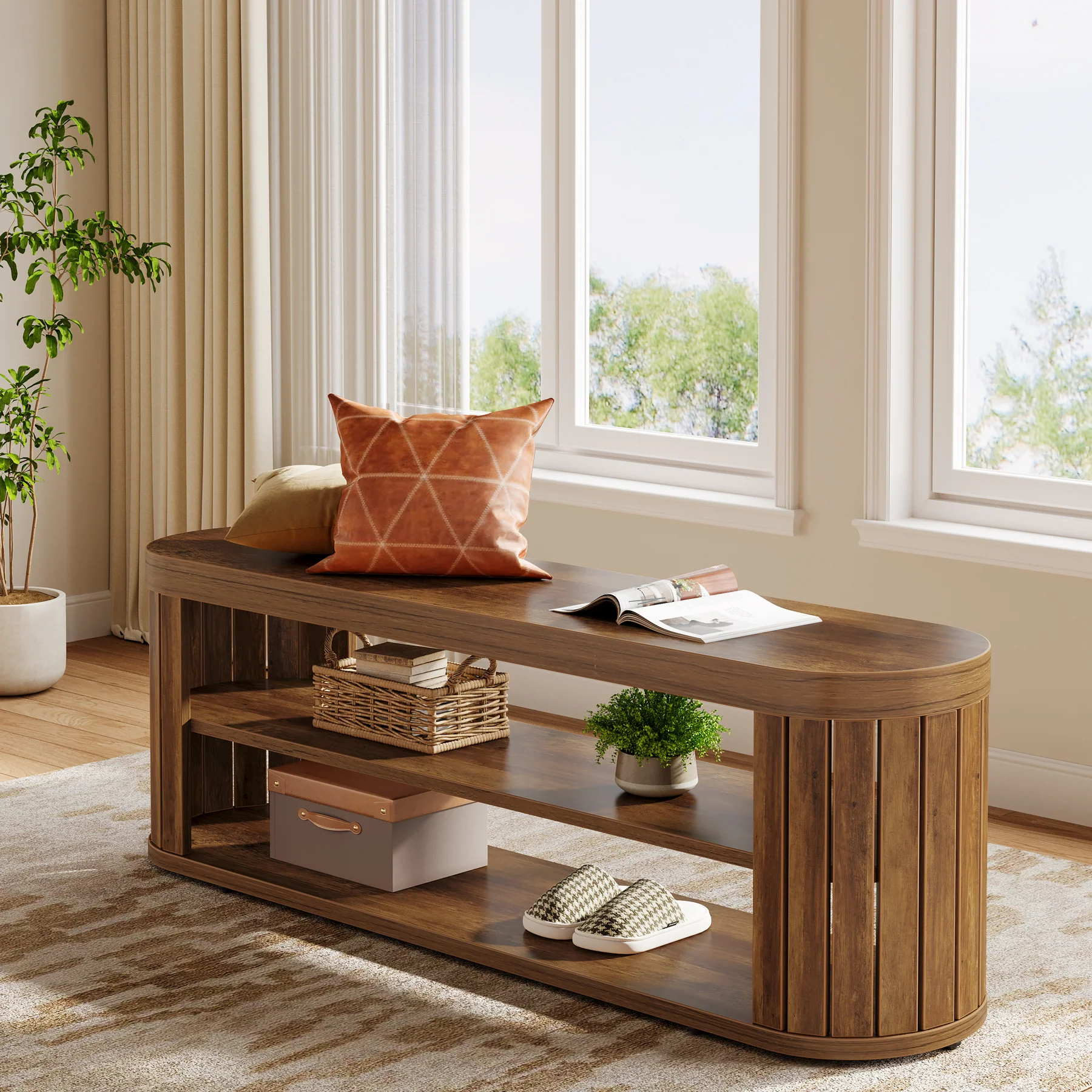 47.2" Entryway Bench, 2-Tier Shoe Bench End of Bed Stool with Storage - Image 3