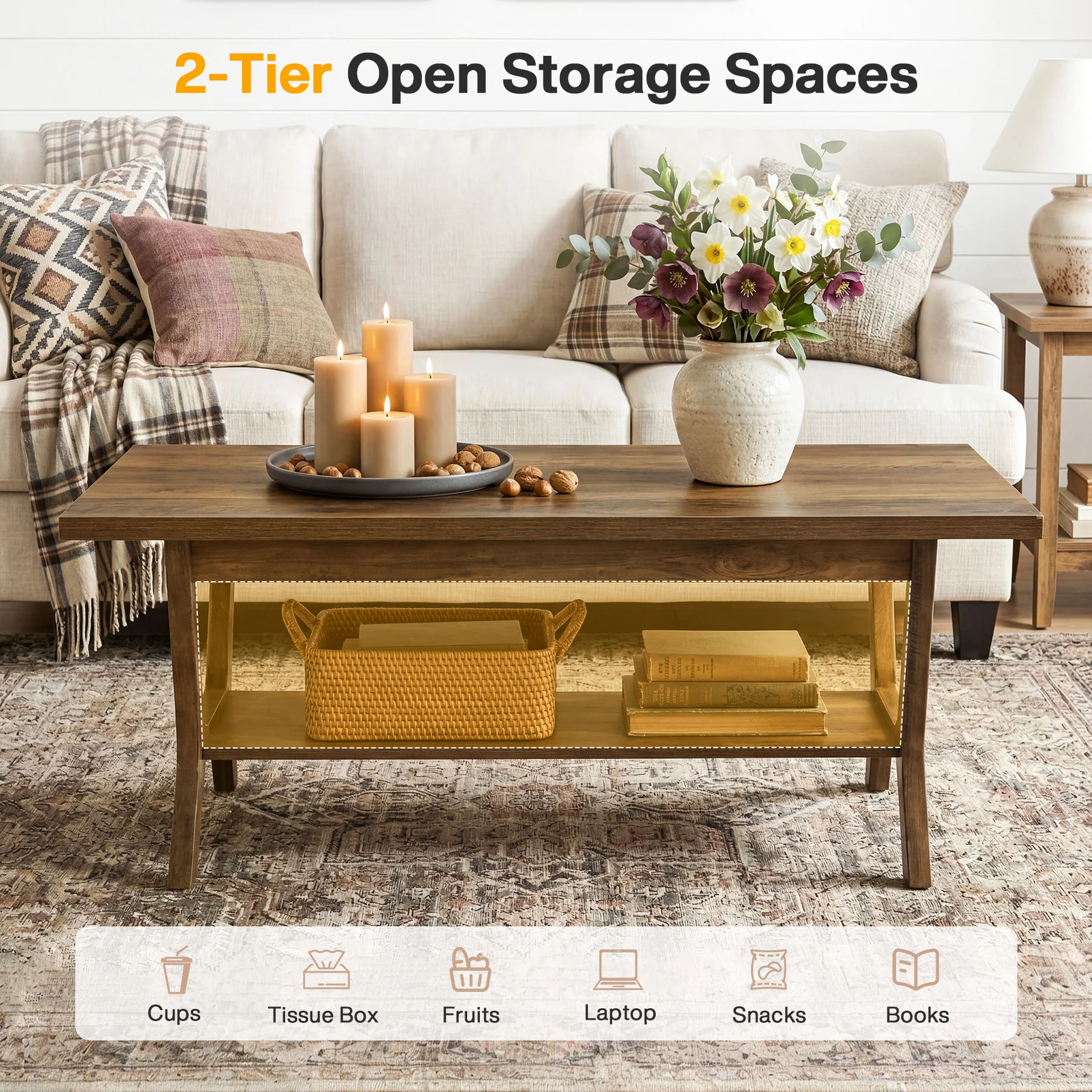 Tribesigns 47.24" Coffee Table, Farmhouse Center Table with Shelf - Image 12