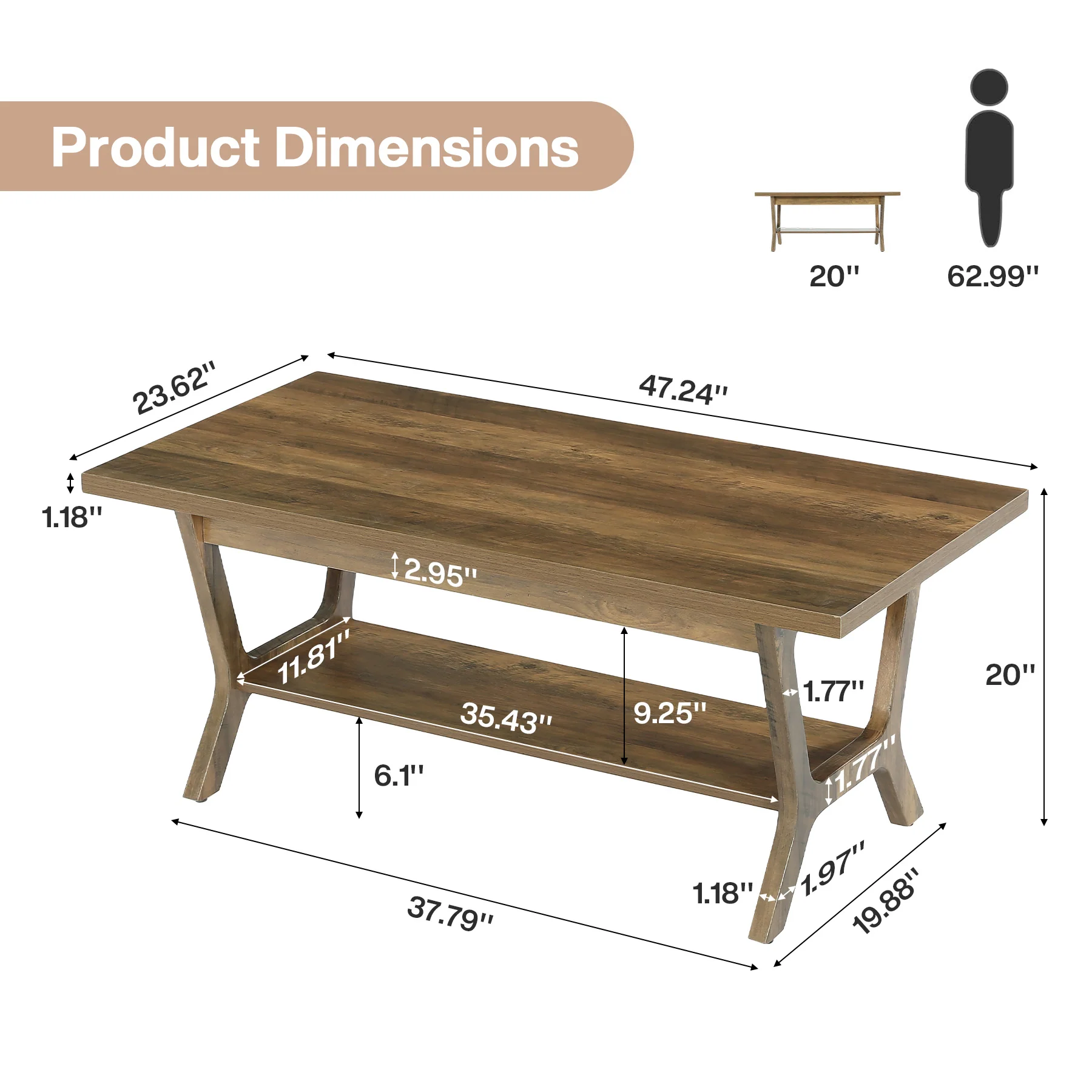 Tribesigns 47.24" Coffee Table, Farmhouse Center Table with Shelf - Image 2