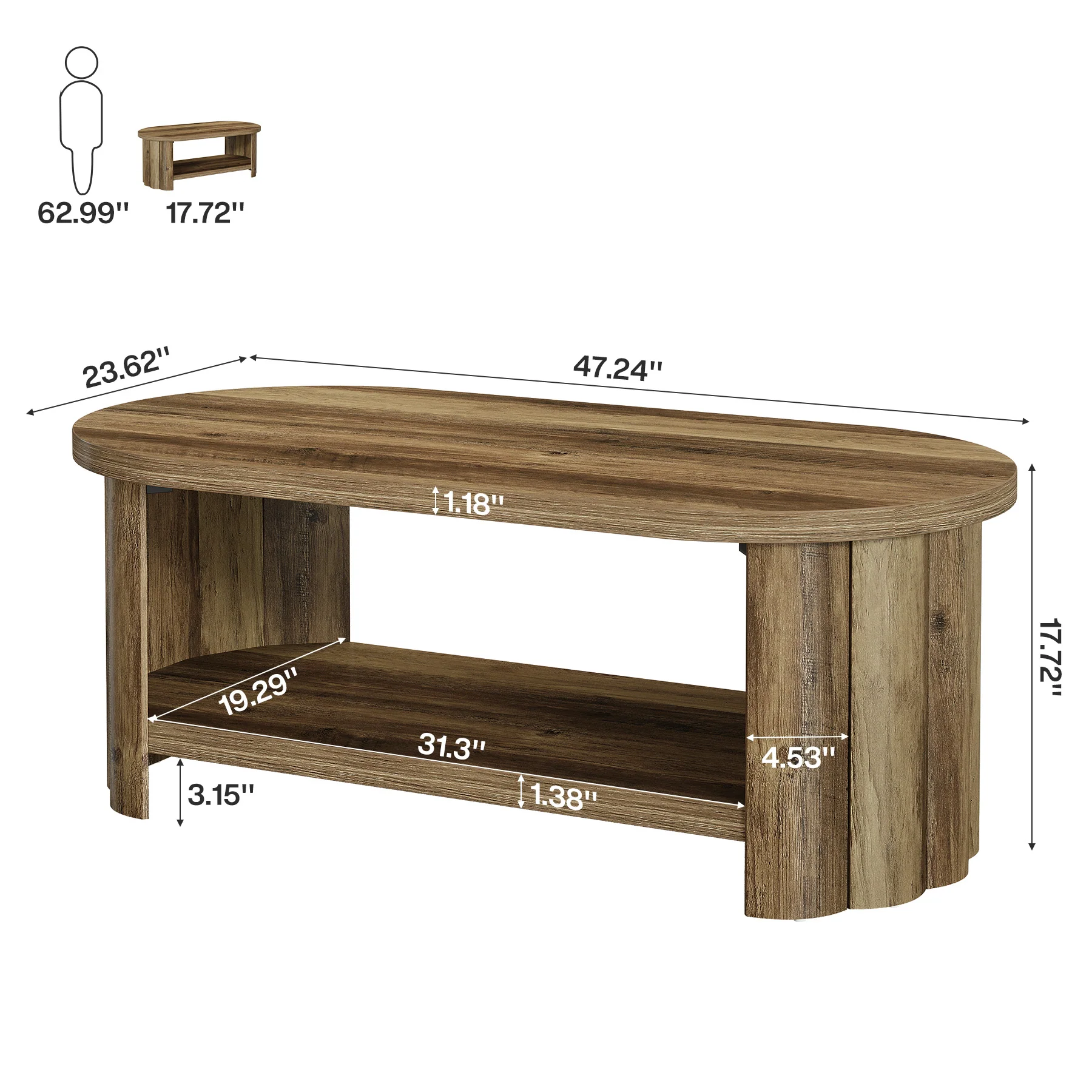 47.24" Oval Coffee Table, 2-Tier Accent Center Table with Storage Shelf for Living Room - Image 2