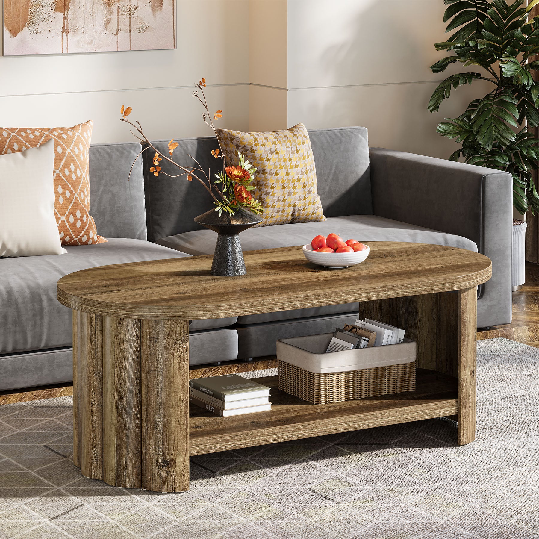 47.24" Oval Coffee Table, 2-Tier Accent Center Table with Storage Shelf for Living Room - Image 3
