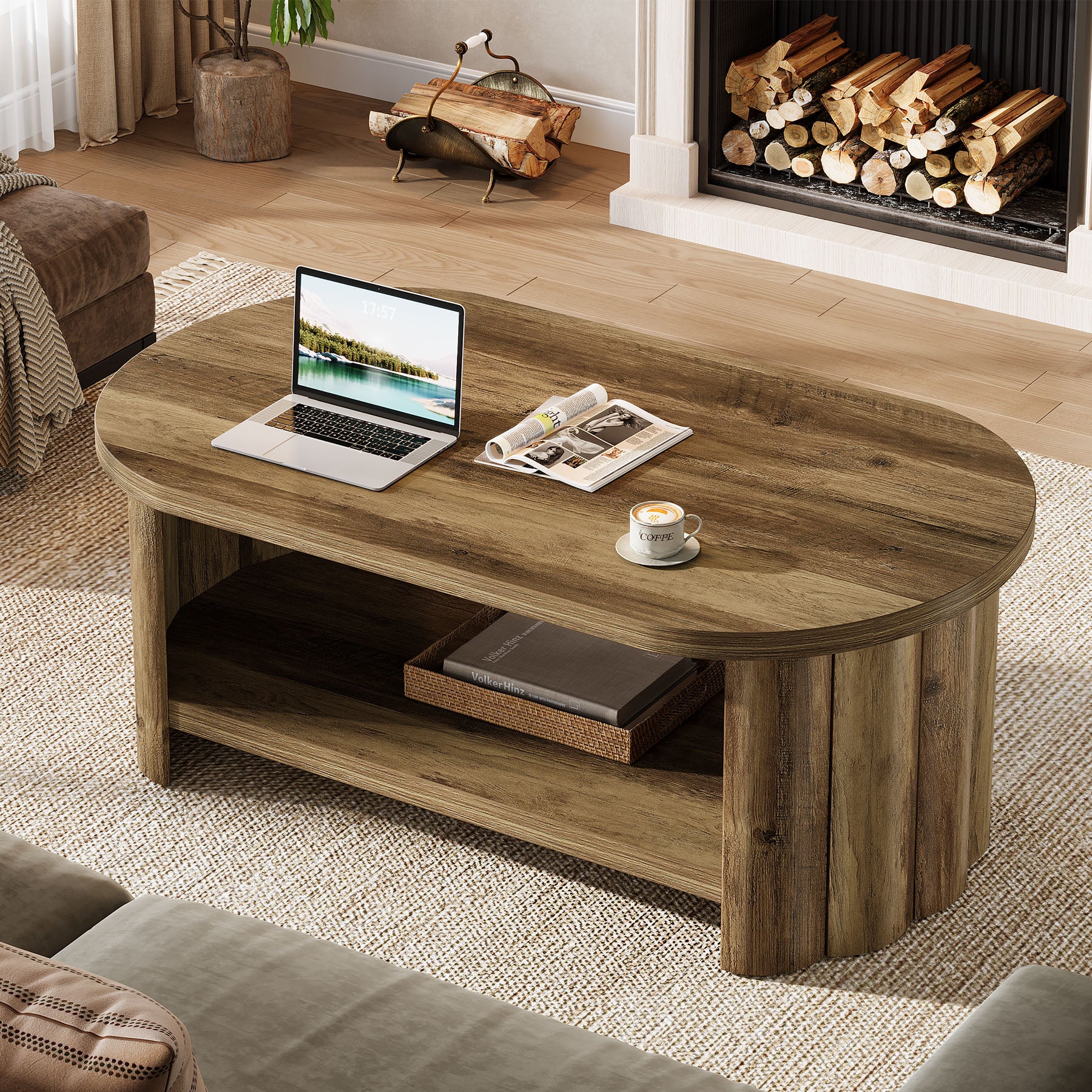 47.24" Oval Coffee Table, 2-Tier Accent Center Table with Storage Shelf for Living Room - Image 4