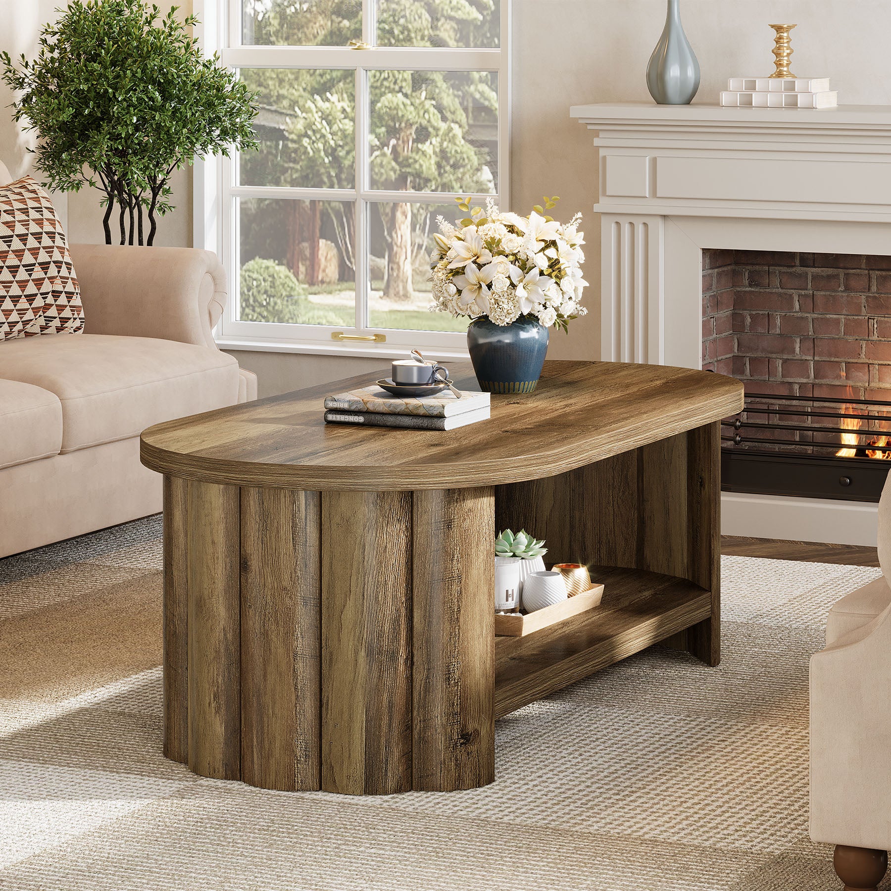 47.24" Oval Coffee Table, 2-Tier Accent Center Table with Storage Shelf for Living Room - Image 5
