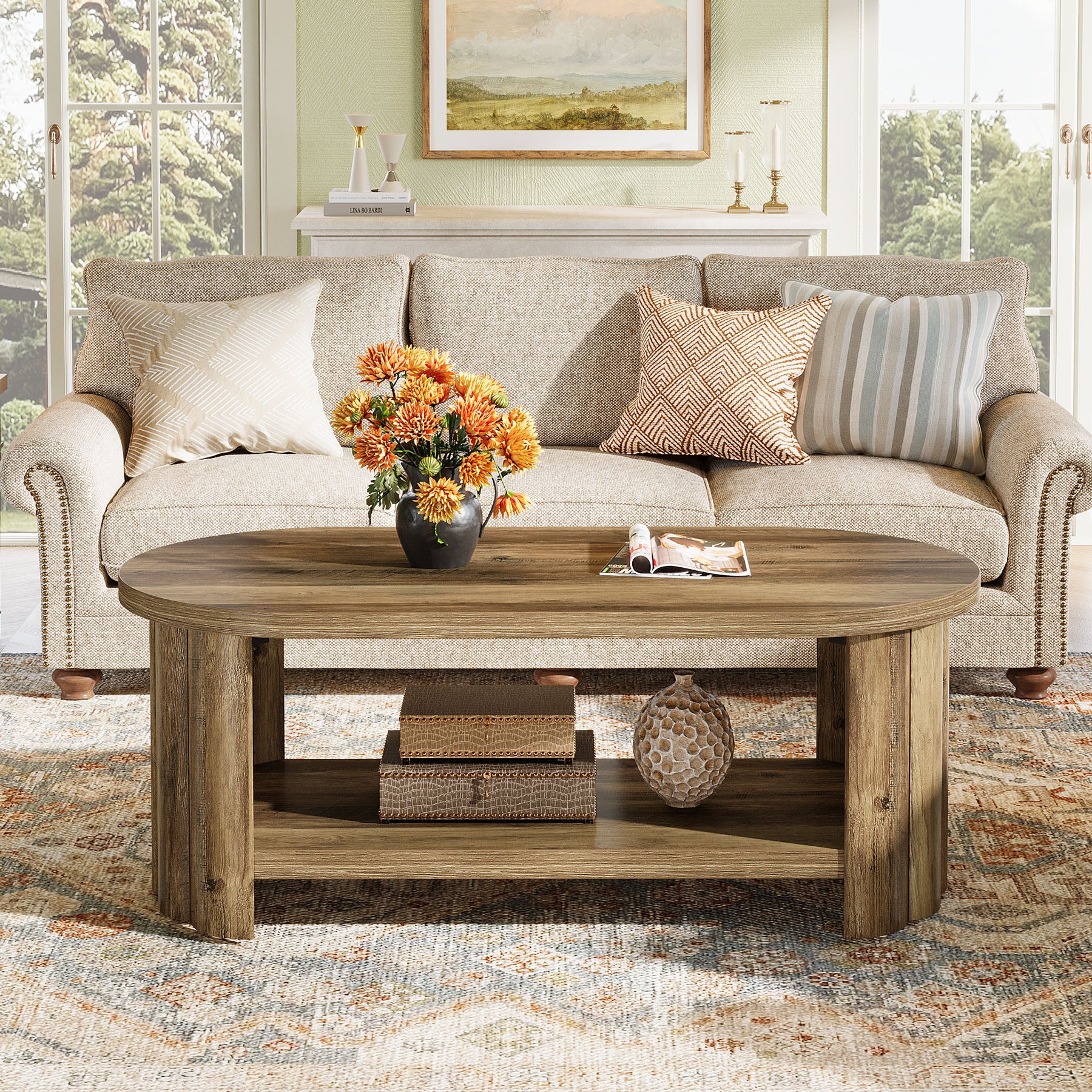47.24" Oval Coffee Table, 2-Tier Accent Center Table with Storage Shelf for Living Room - Image 6