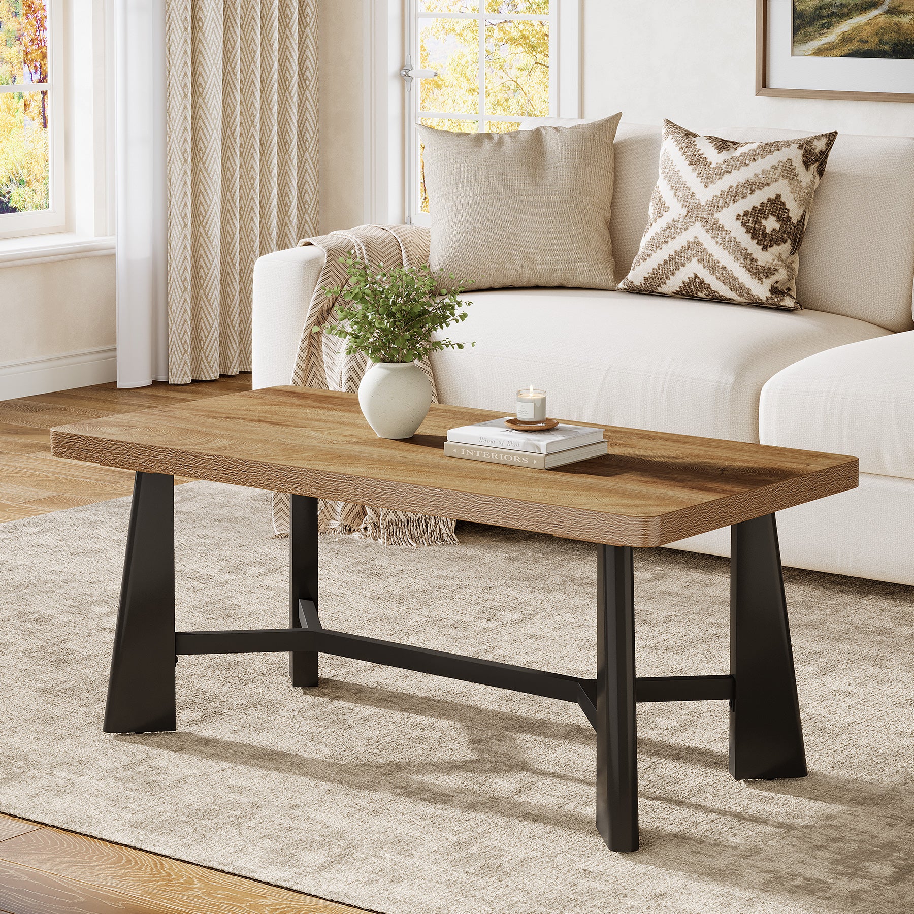47.24" Rectangular Coffee Table, Farmhouse Industrial Center Table For Living Room