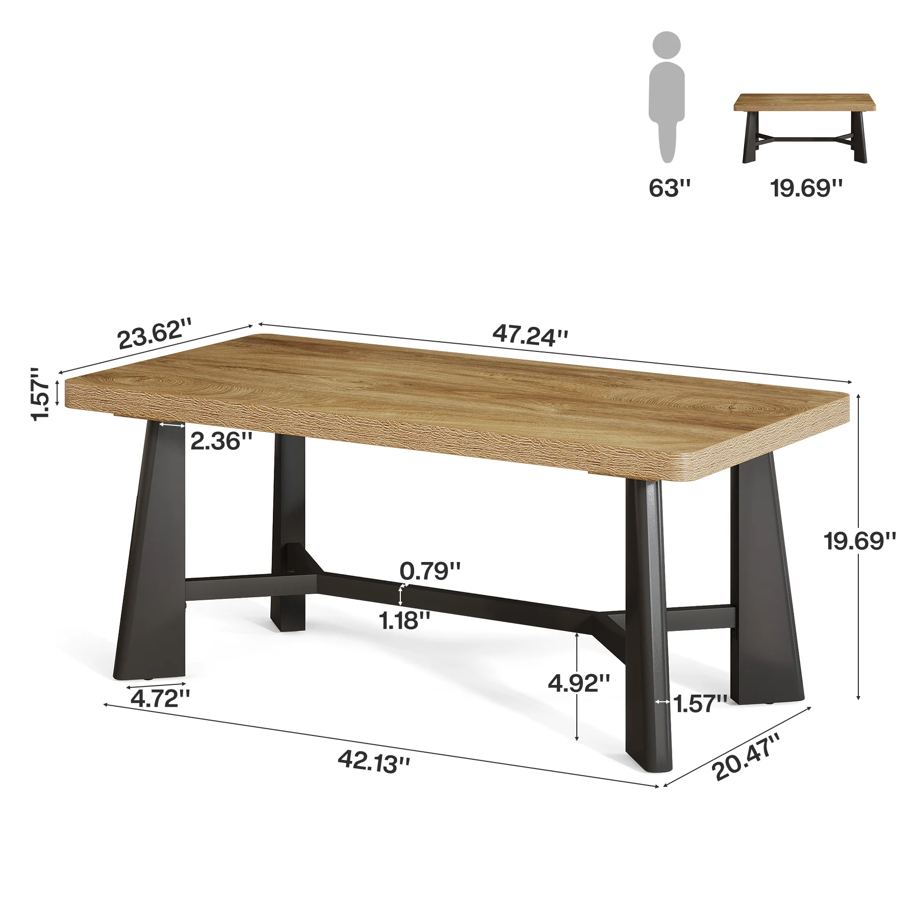 47.24" Rectangular Coffee Table, Farmhouse Industrial Center Table For Living Room - Image 2