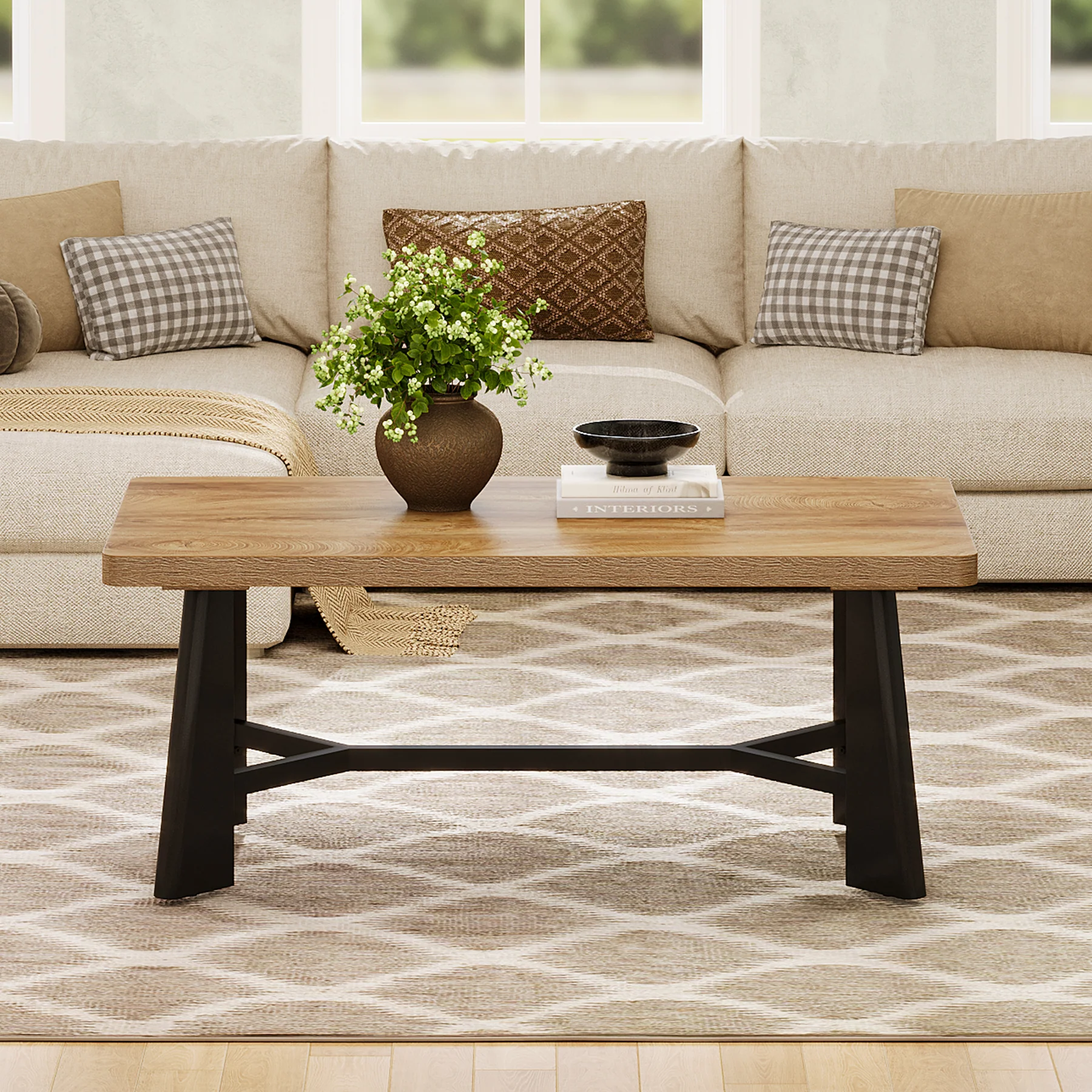 47.24" Rectangular Coffee Table, Farmhouse Industrial Center Table For Living Room - Image 4