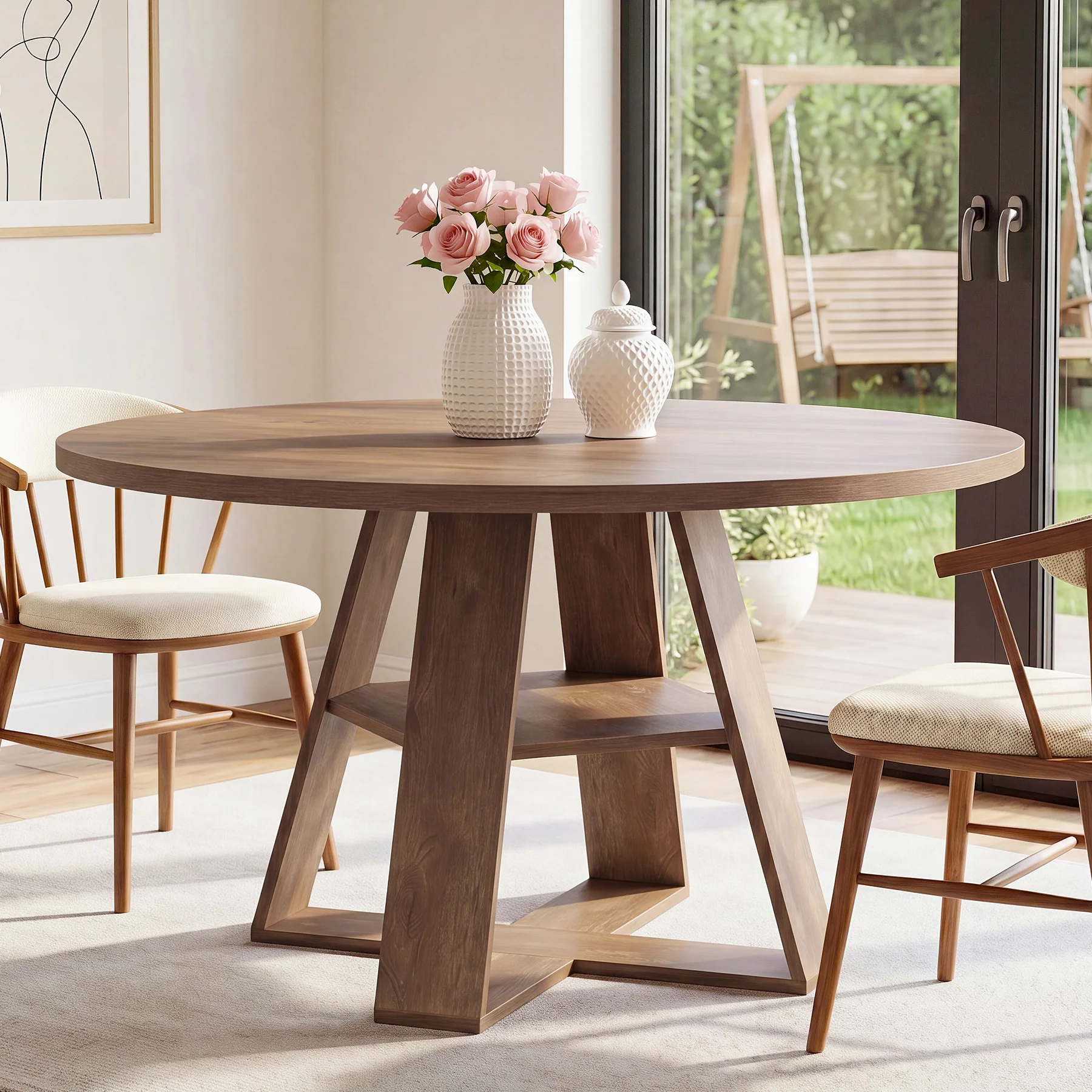 47.24" Round Dining Table for 4-6, Farmhouse Kitchen Table with Storage Shelf & X-Cross Base