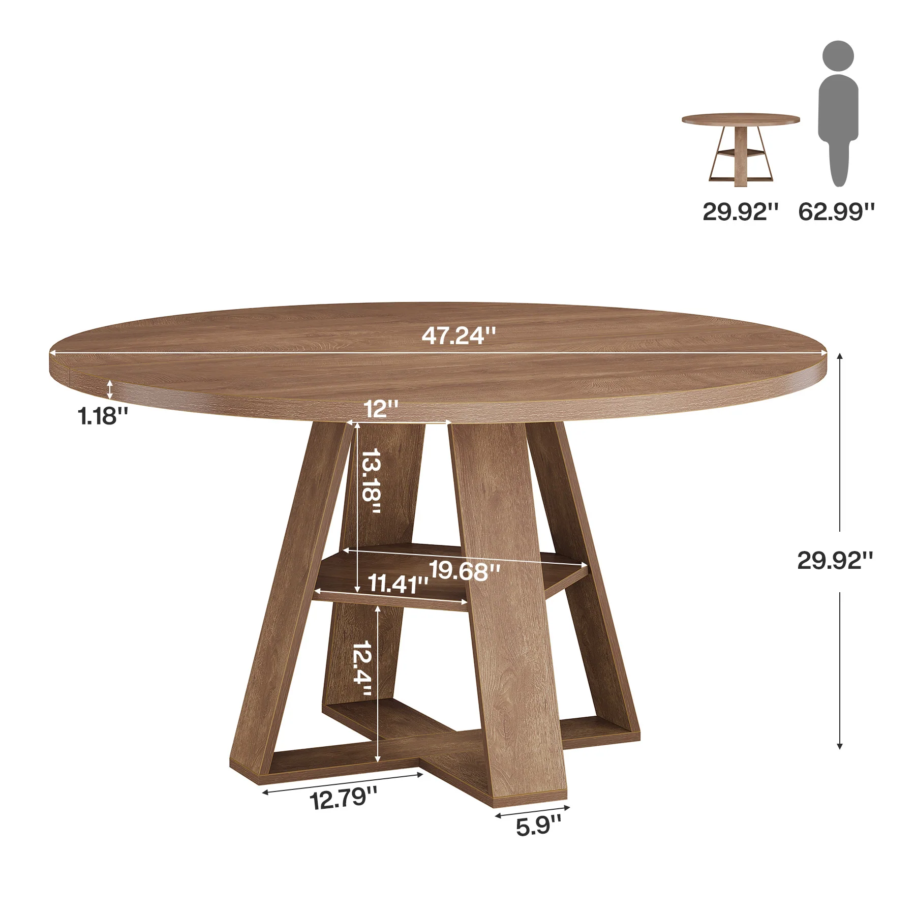 47.24" Round Dining Table for 4-6, Farmhouse Kitchen Table with Storage Shelf & X-Cross Base - Image 2