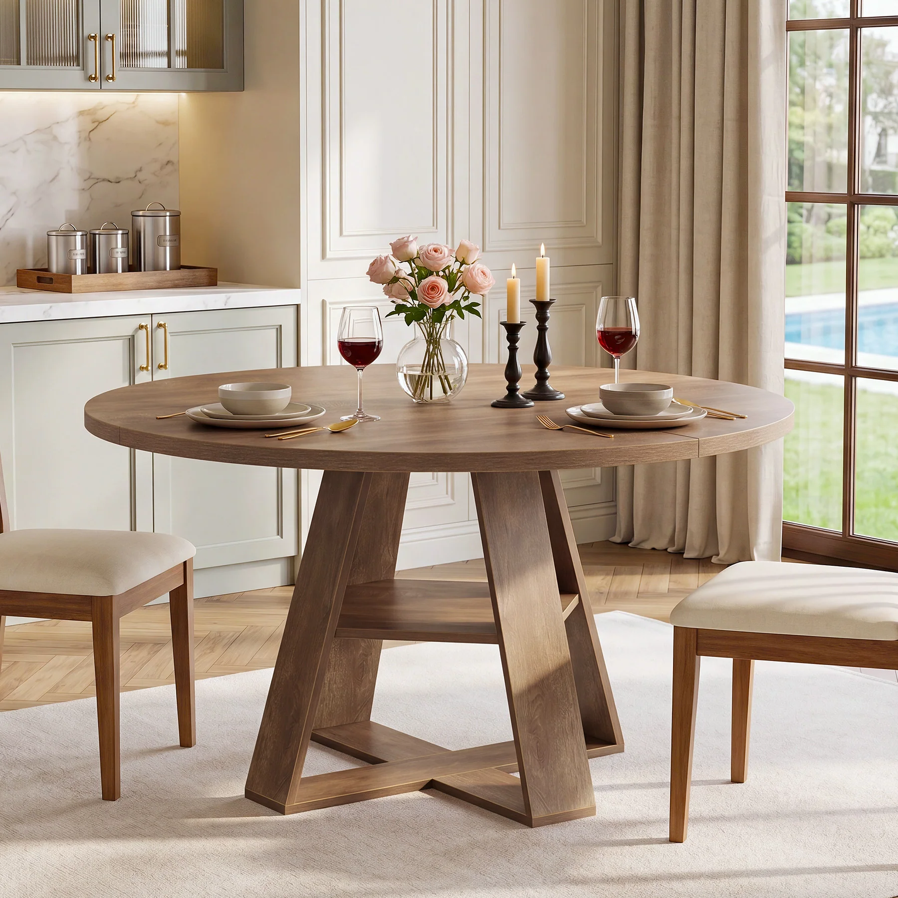 47.24" Round Dining Table for 4-6, Farmhouse Kitchen Table with Storage Shelf & X-Cross Base - Image 3
