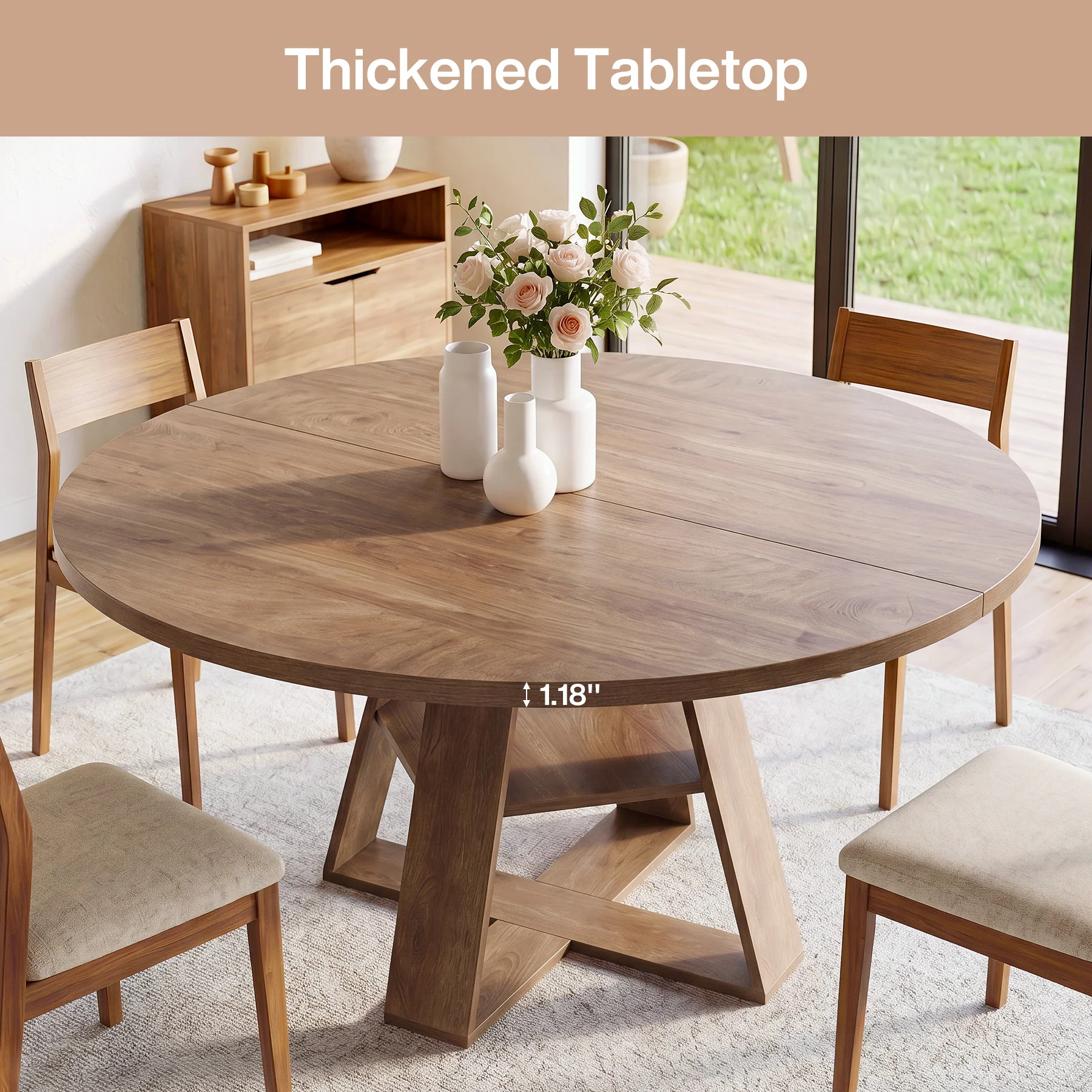 47.24" Round Dining Table for 4-6, Farmhouse Kitchen Table with Storage Shelf & X-Cross Base - Image 6