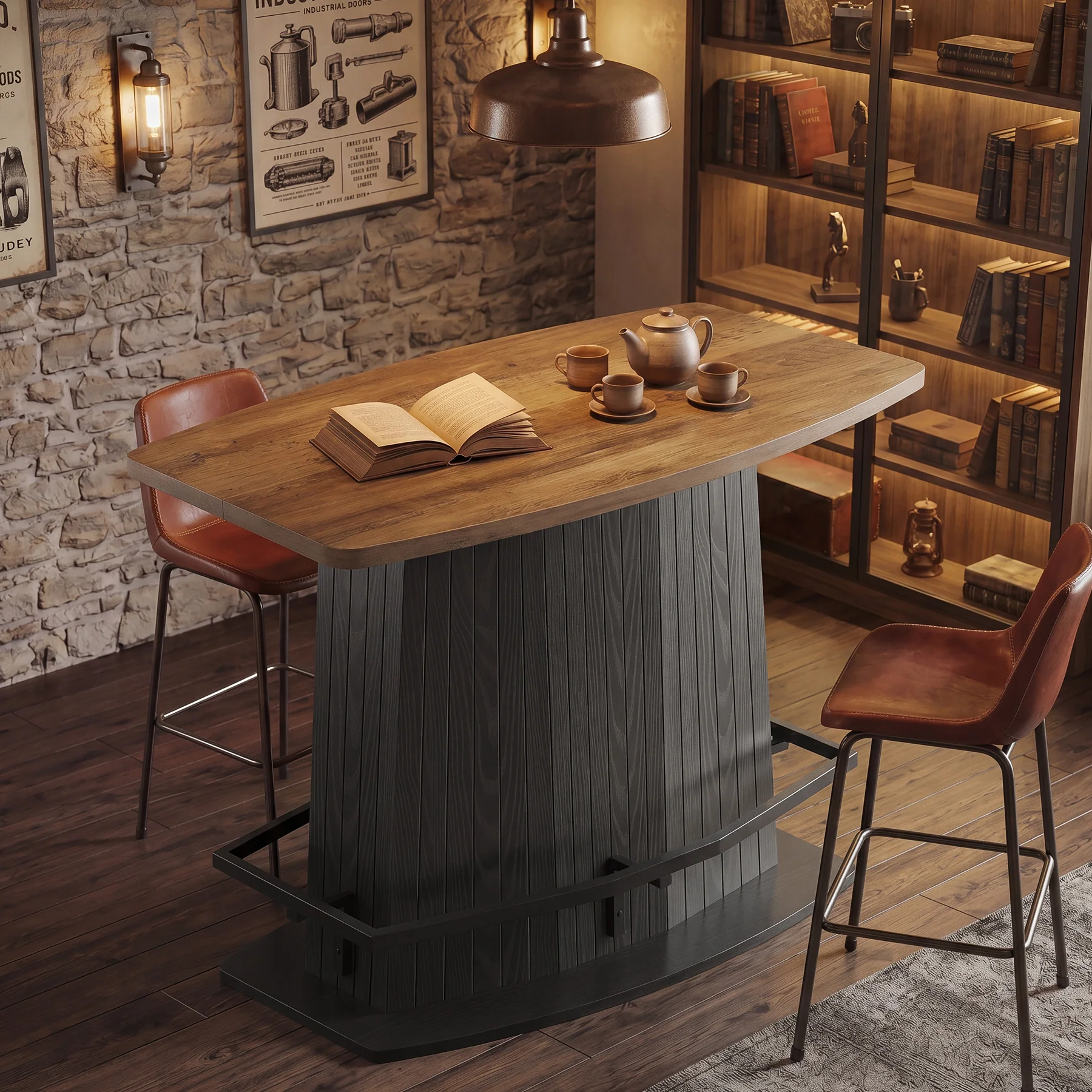 47" Bar Table, Industrial Counter Height Pub Table with Fluted Pedestal Base - Image 4