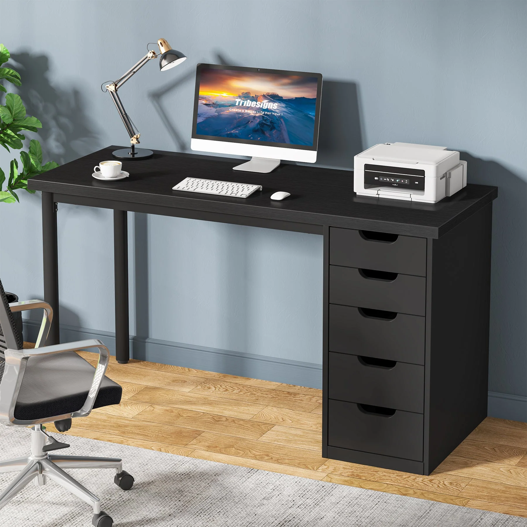 47" Computer Desk with 5 Drawers, Modern Study Table Writing Desk - Image 12