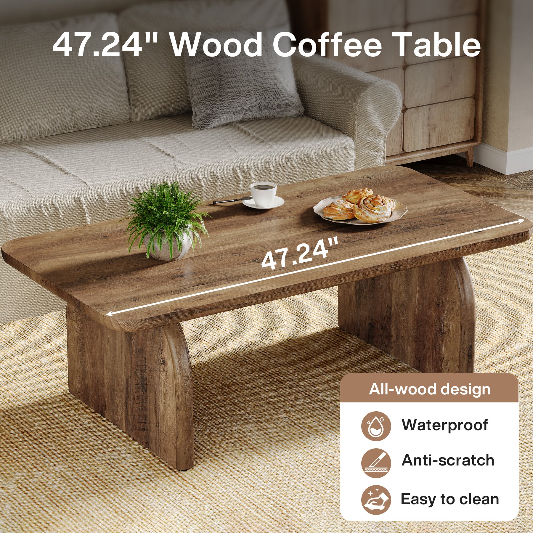 47" Coffee Table, Farmhouse Center Table Low Cocktail Tea Table - Image 8