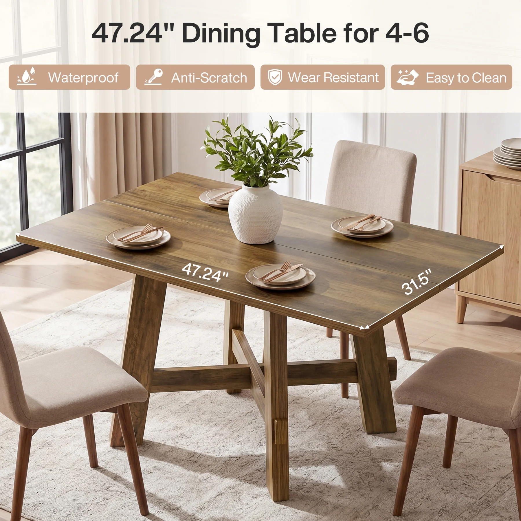Tribesigns 47-Inch Dining Table, Cross Brace Kitchen Table for 4 - Image 3