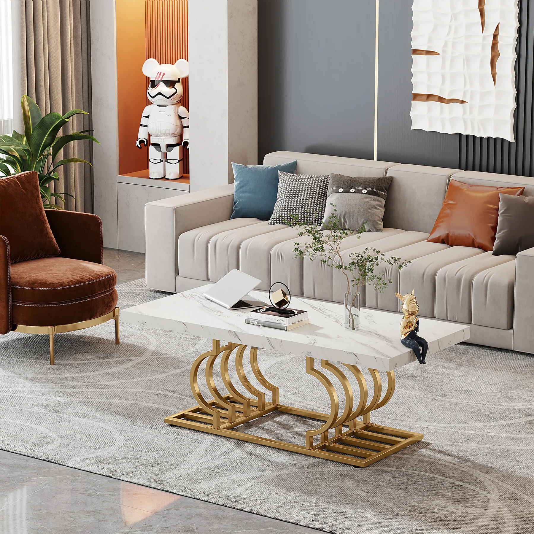 Rectangular Coffee Table, 47" Faux Marble Cocktail Table with Geometric Frame - Image 3