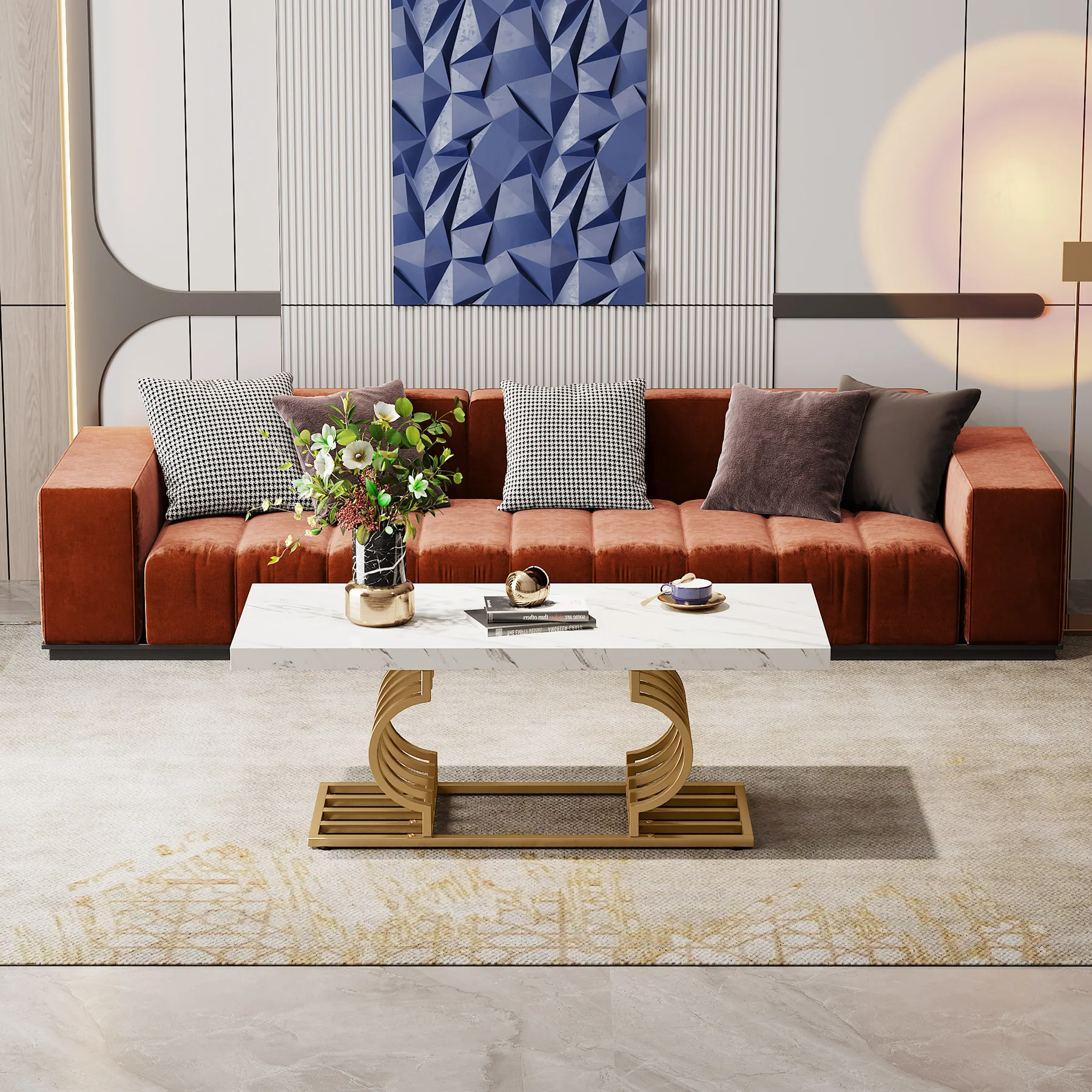 Rectangular Coffee Table, 47" Faux Marble Cocktail Table with Geometric Frame - Image 4