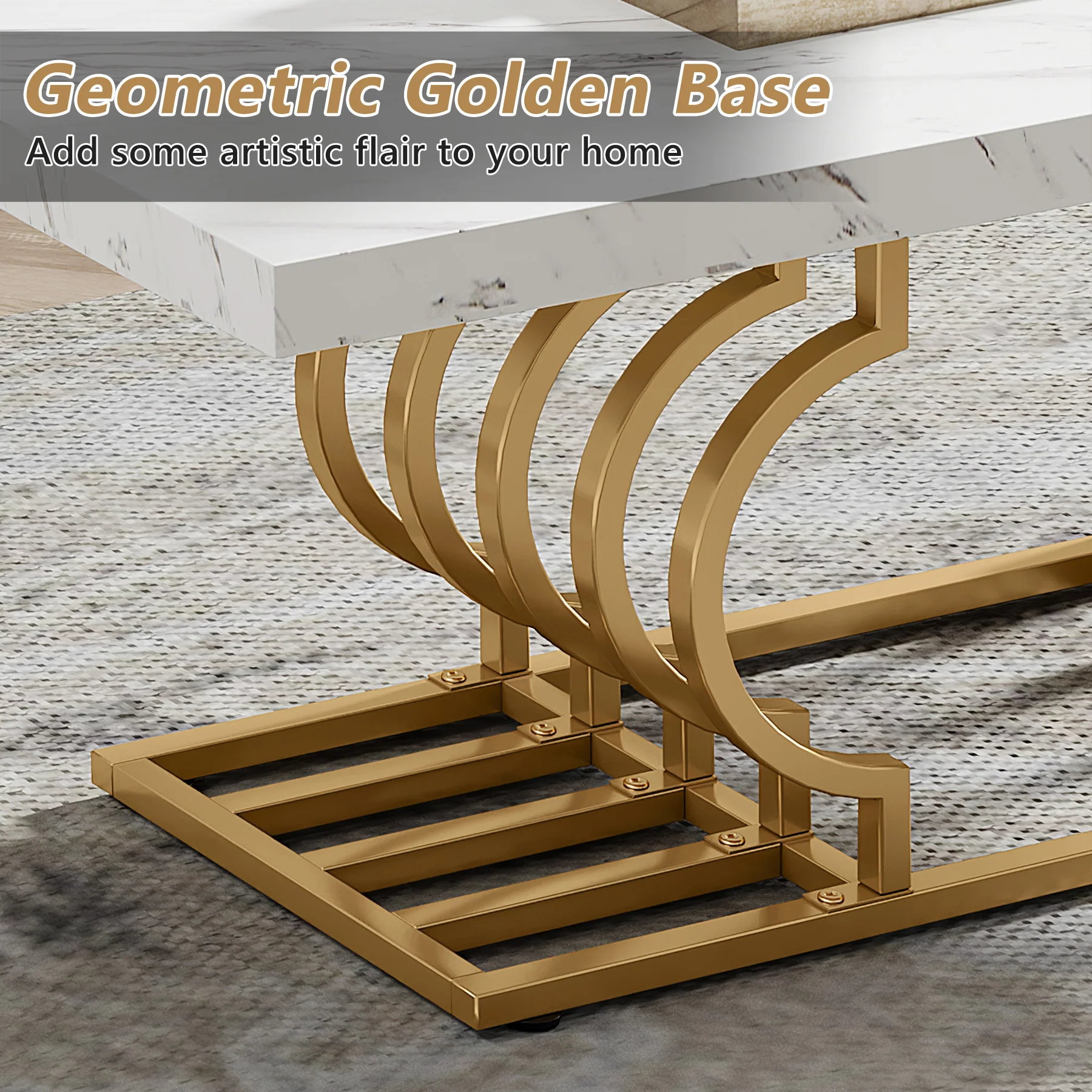 Rectangular Coffee Table, 47" Faux Marble Cocktail Table with Geometric Frame - Image 6