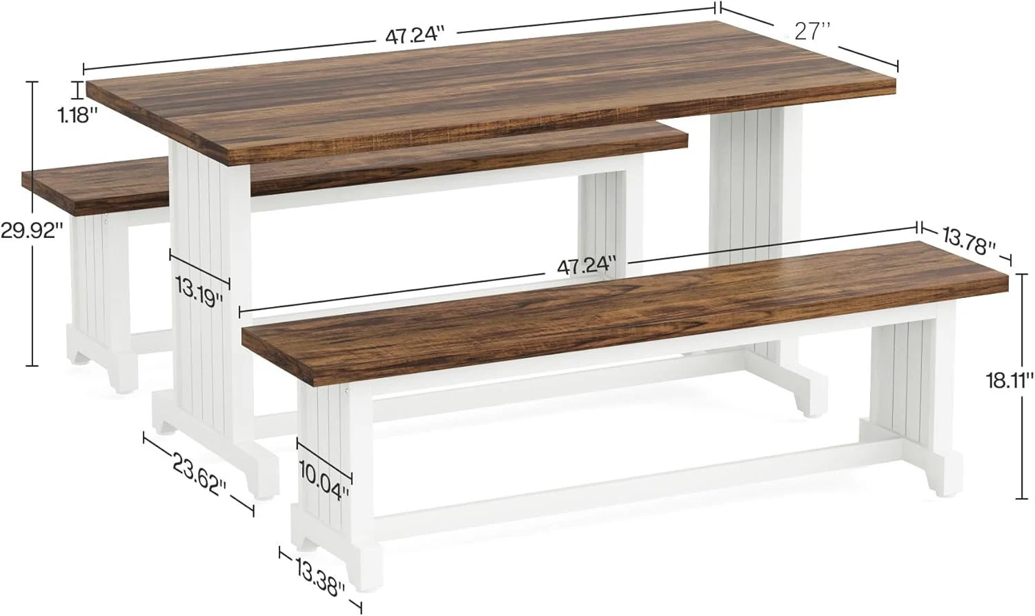 Farmhouse Dining Table Set, 47" Kitchen Table with 2 Benches - Image 2