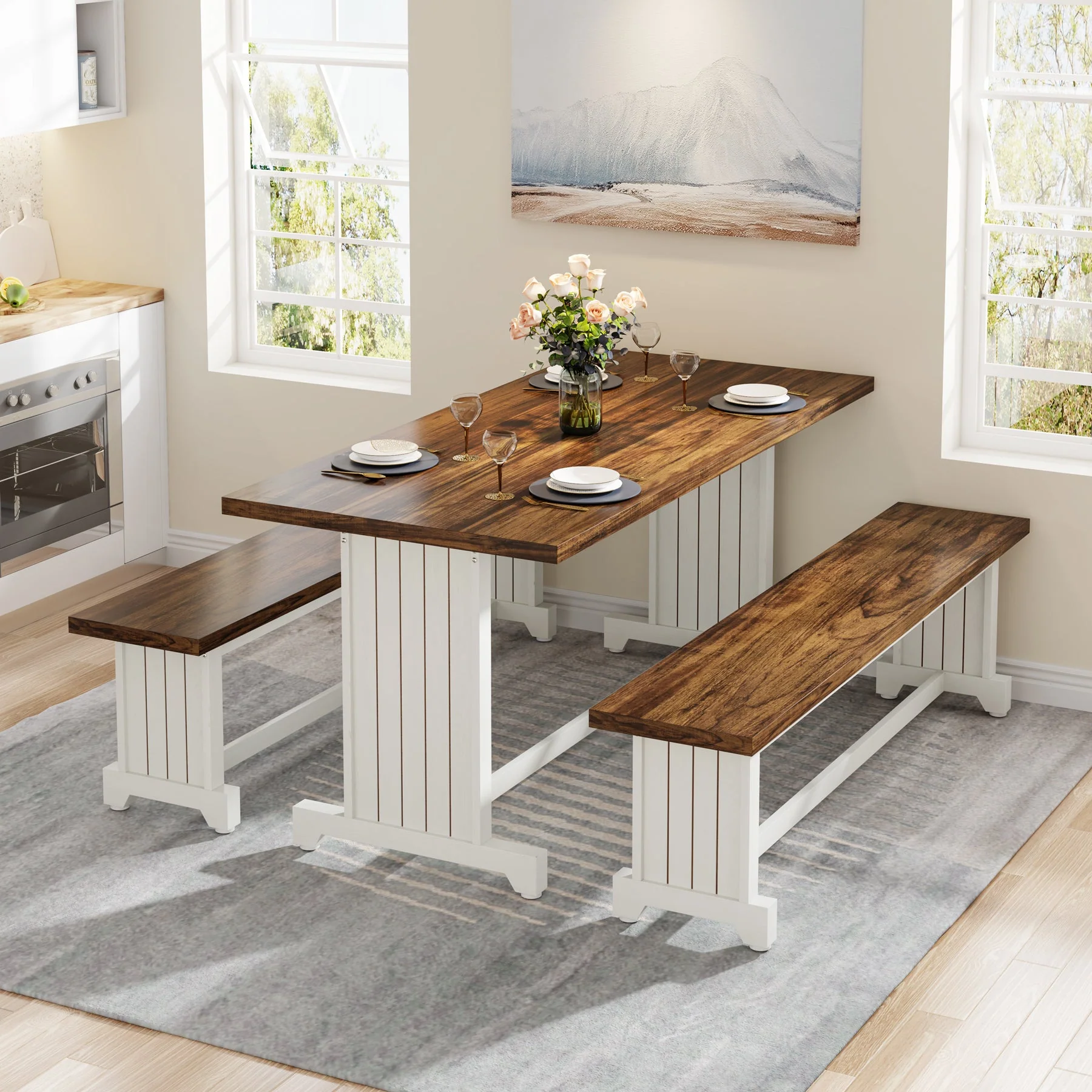 Farmhouse Dining Table Set, 47" Kitchen Table with 2 Benches - Image 3