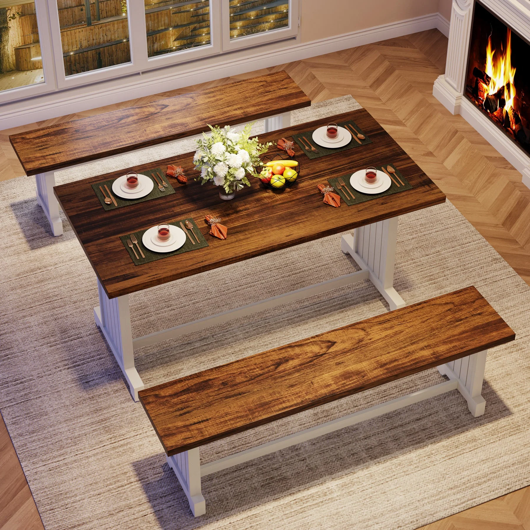 Farmhouse Dining Table Set, 47" Kitchen Table with 2 Benches - Image 4