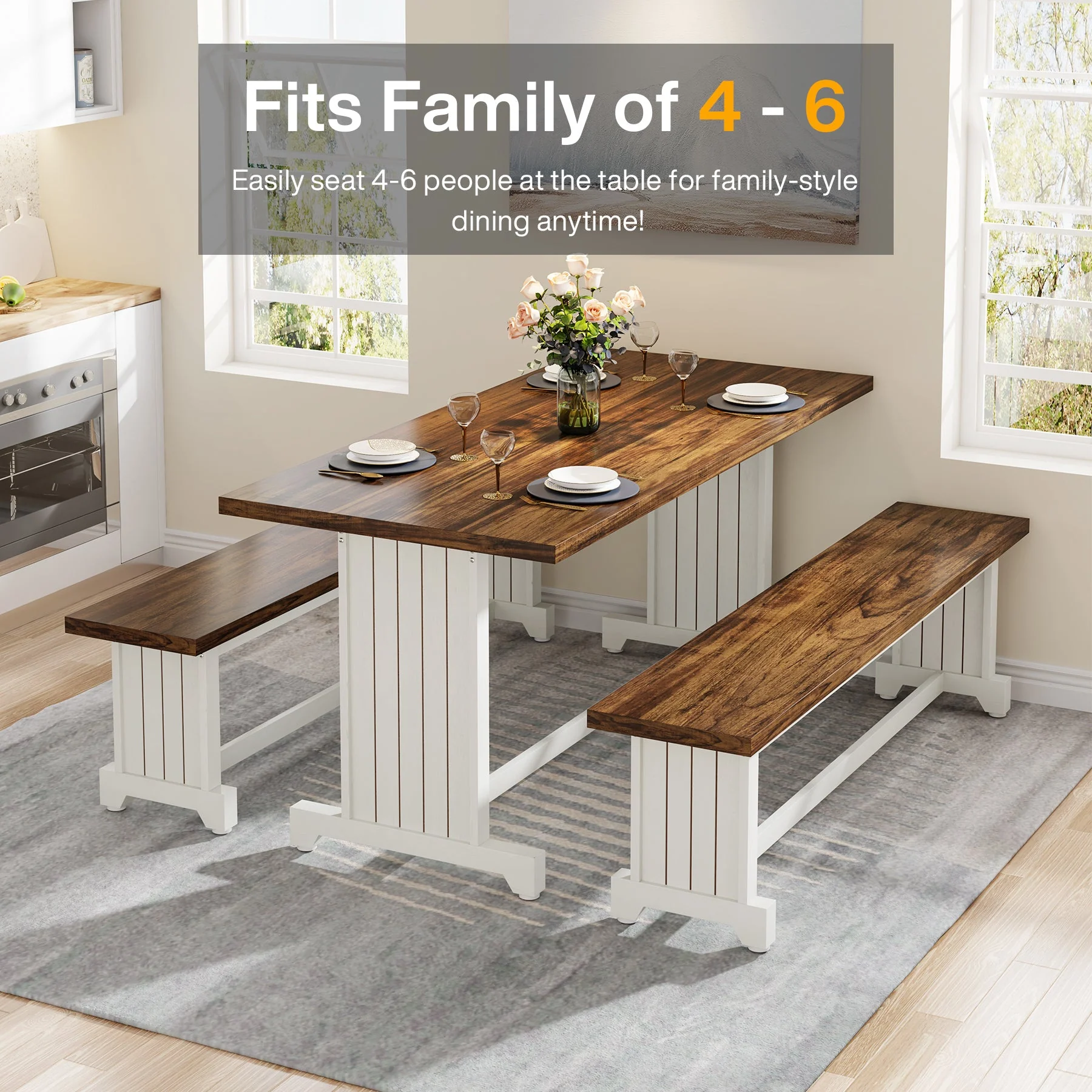 Farmhouse Dining Table Set, 47" Kitchen Table with 2 Benches - Image 6