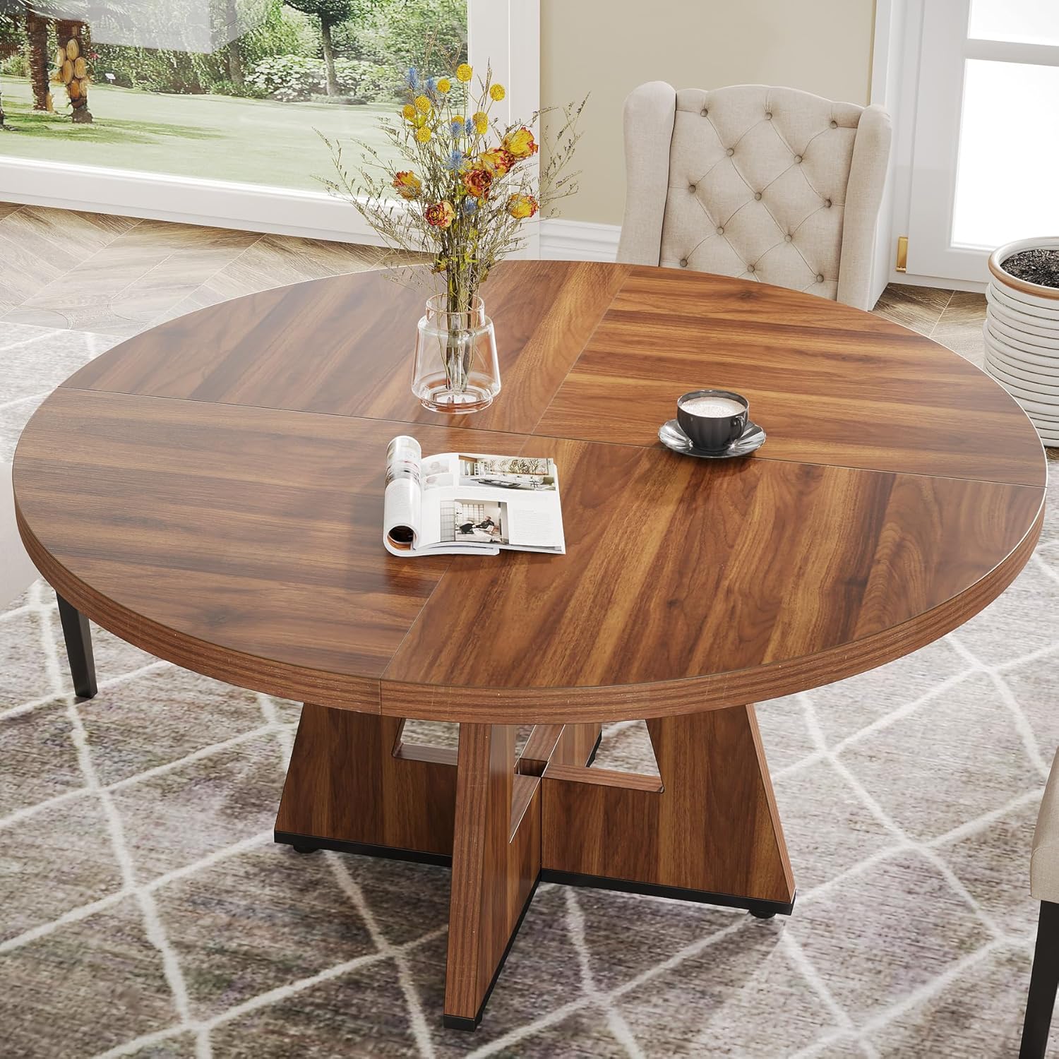 47-Inch Round Farmhouse Dining Table for 4–6 with Cross-Style Pedestal Base - Image 11