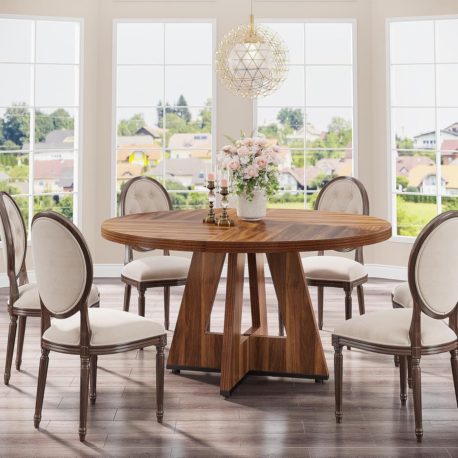 47-Inch Round Farmhouse Dining Table for 4–6 with Cross-Style Pedestal Base - Image 17