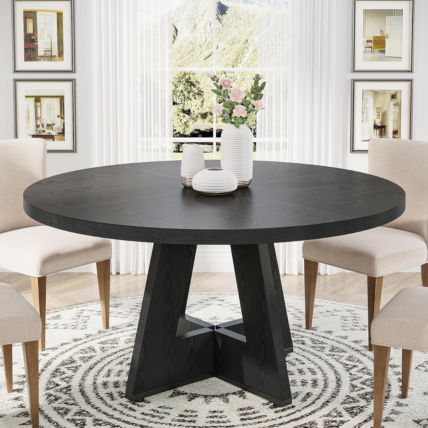 47-Inch Round Farmhouse Dining Table for 4–6 with Cross-Style Pedestal Base - Image 19
