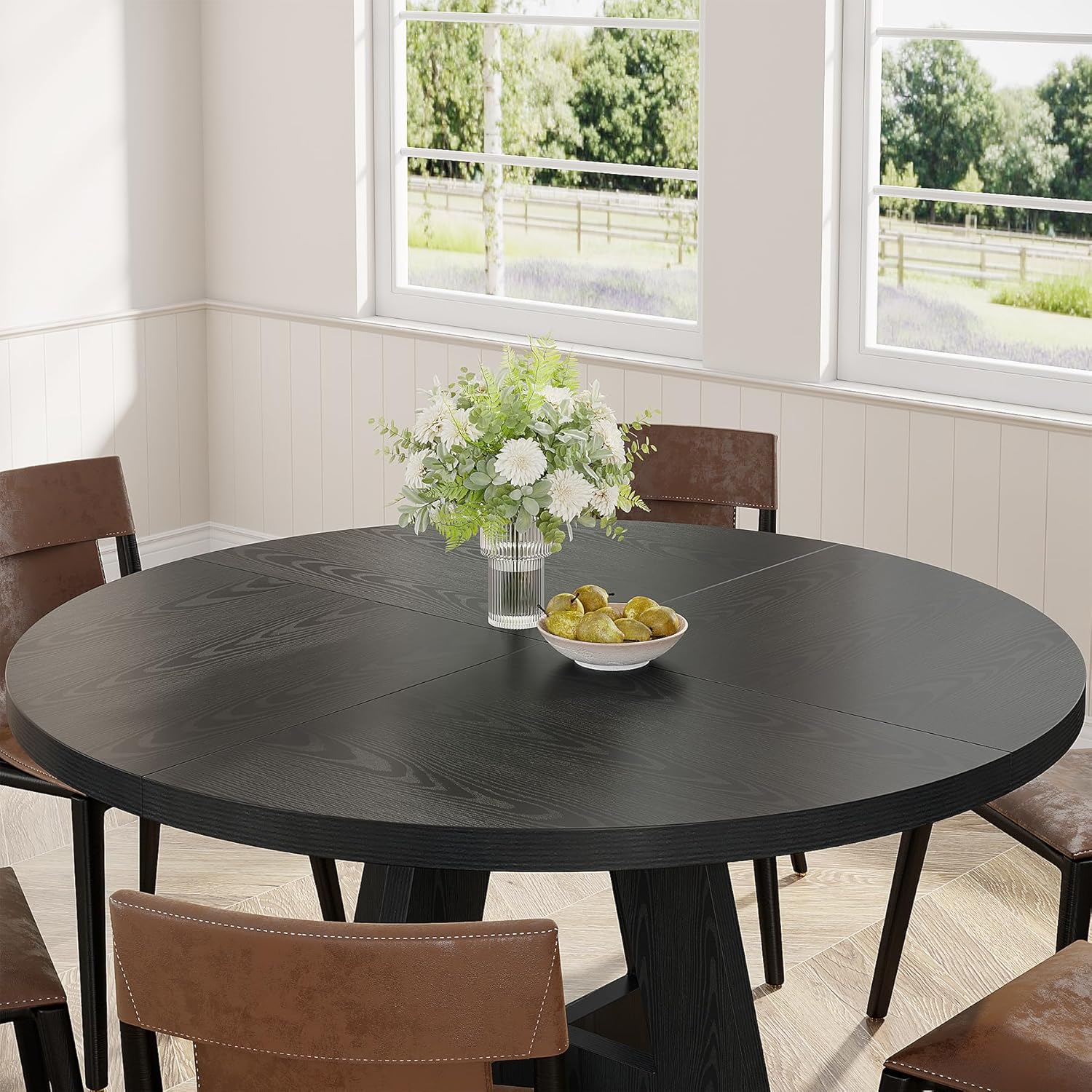 47-Inch Round Farmhouse Dining Table for 4–6 with Cross-Style Pedestal Base - Image 21