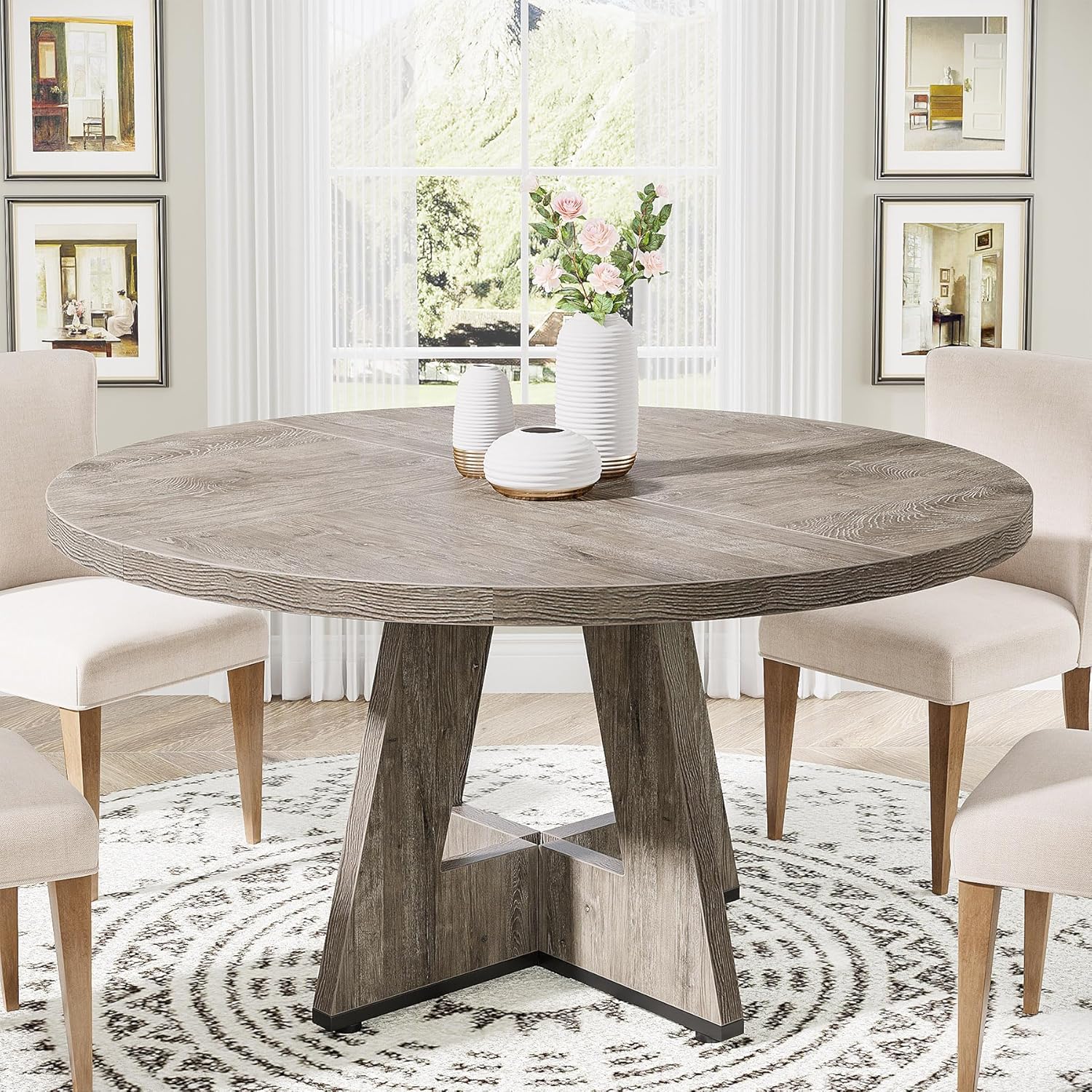 47-Inch Round Farmhouse Dining Table for 4–6 with Cross-Style Pedestal Base - Image 29