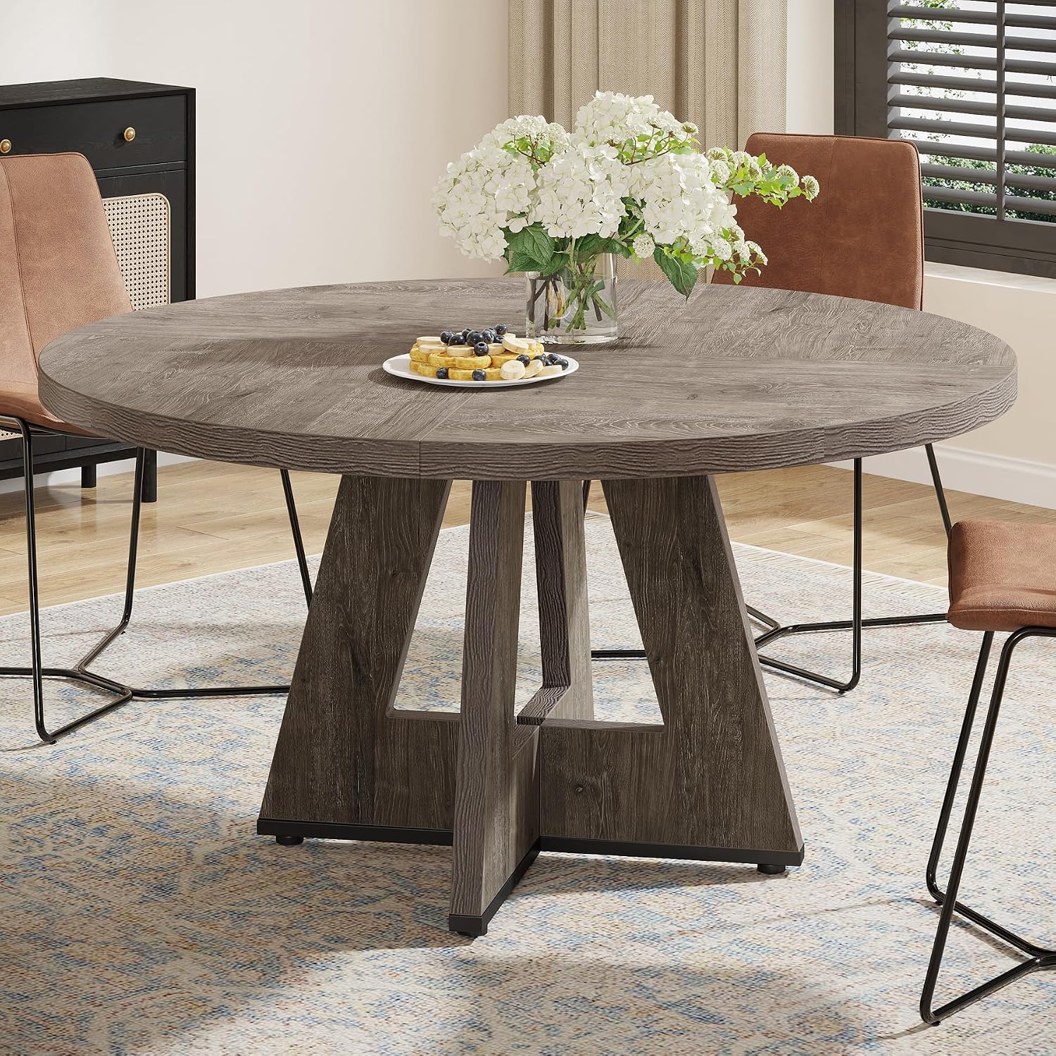 47-Inch Round Farmhouse Dining Table for 4–6 with Cross-Style Pedestal Base - Image 31