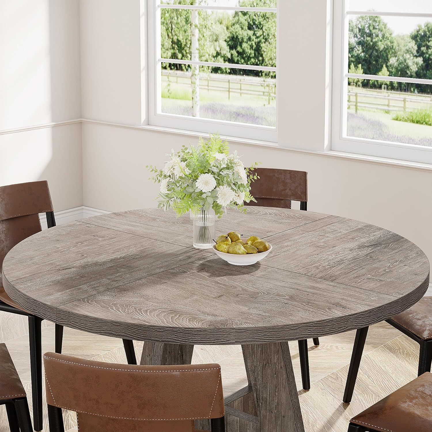 47-Inch Round Farmhouse Dining Table for 4–6 with Cross-Style Pedestal Base - Image 34