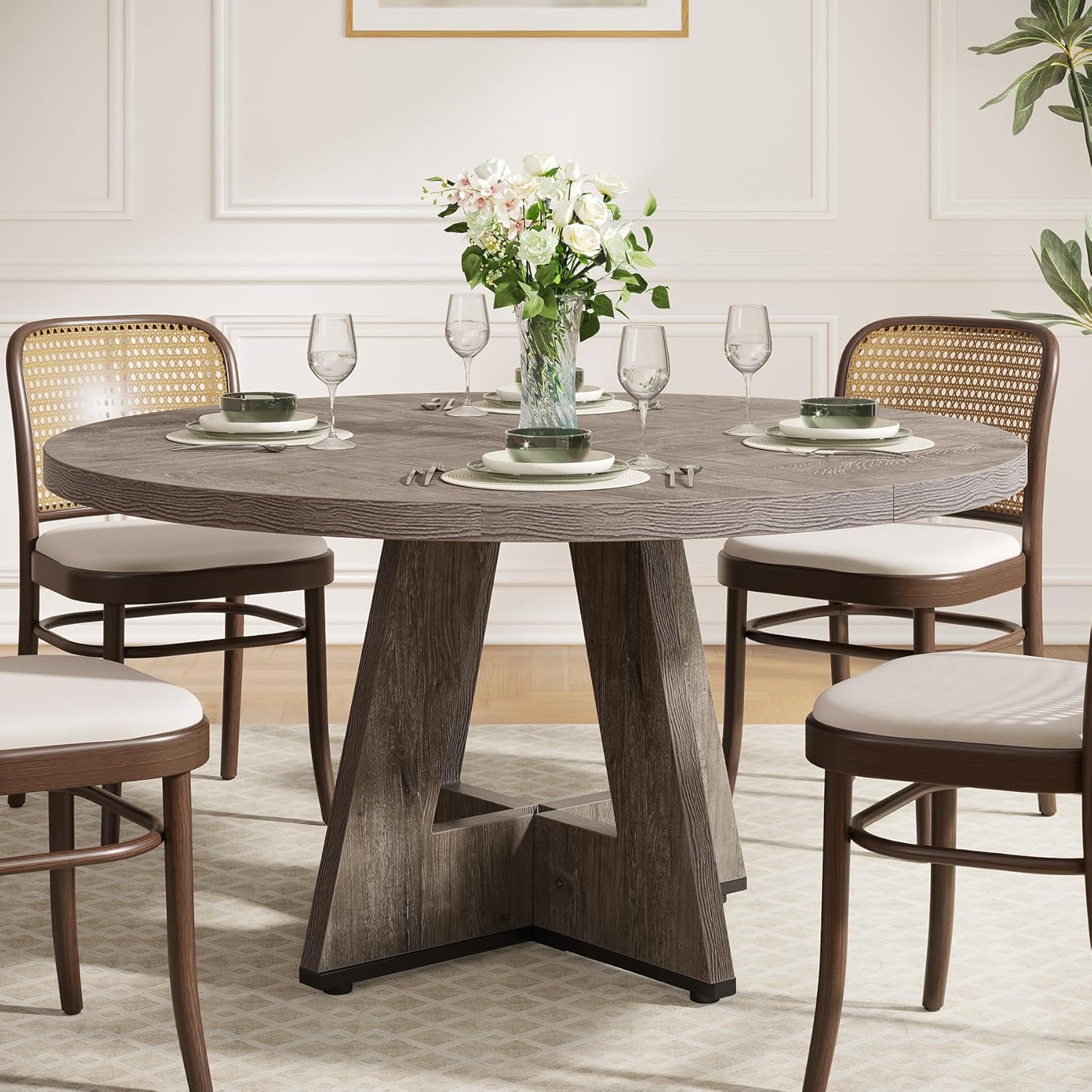 47-Inch Round Farmhouse Dining Table for 4–6 with Cross-Style Pedestal Base - Image 36