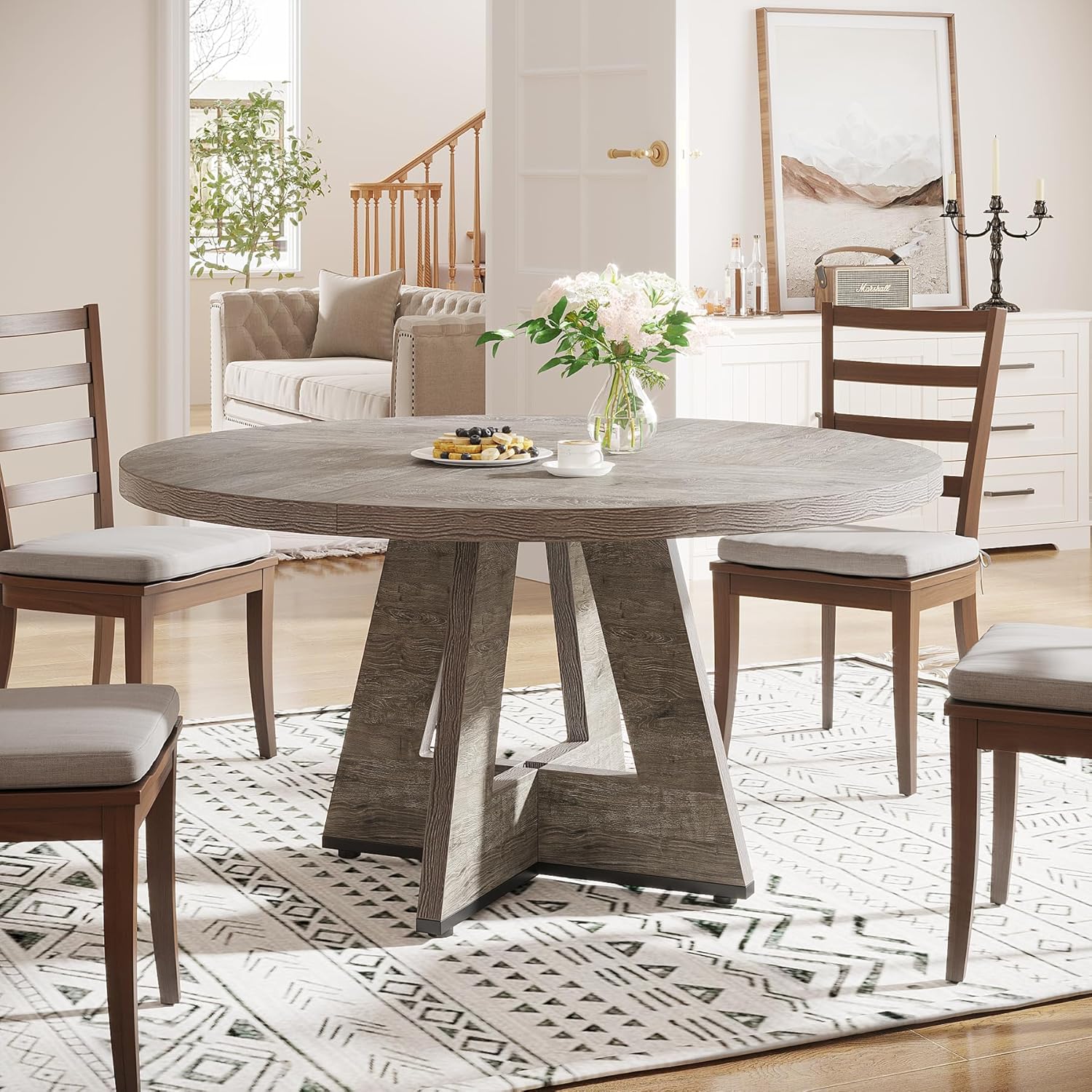 47-Inch Round Farmhouse Dining Table for 4–6 with Cross-Style Pedestal Base - Image 37