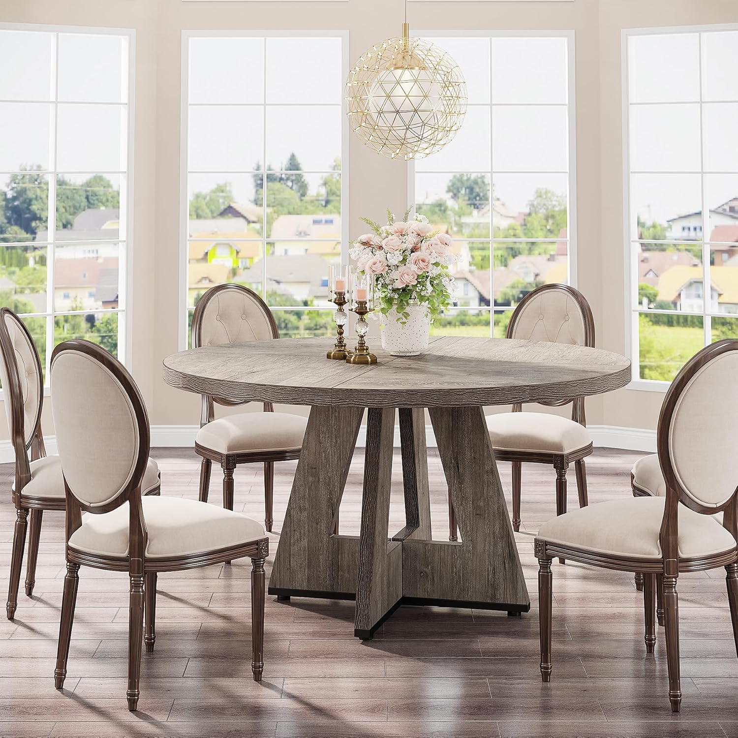 47-Inch Round Farmhouse Dining Table for 4–6 with Cross-Style Pedestal Base - Image 38