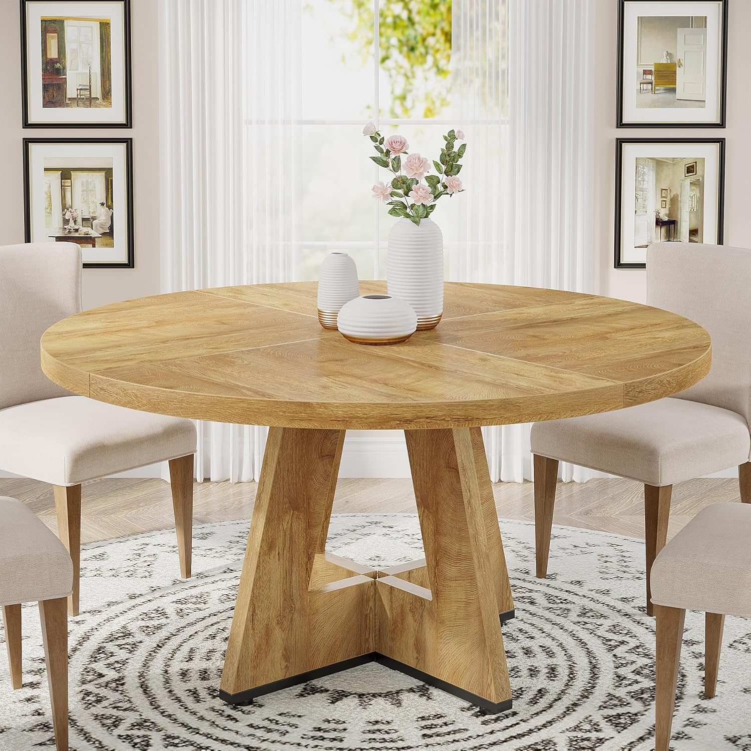 47-Inch Round Farmhouse Dining Table for 4–6 with Cross-Style Pedestal Base - Image 40