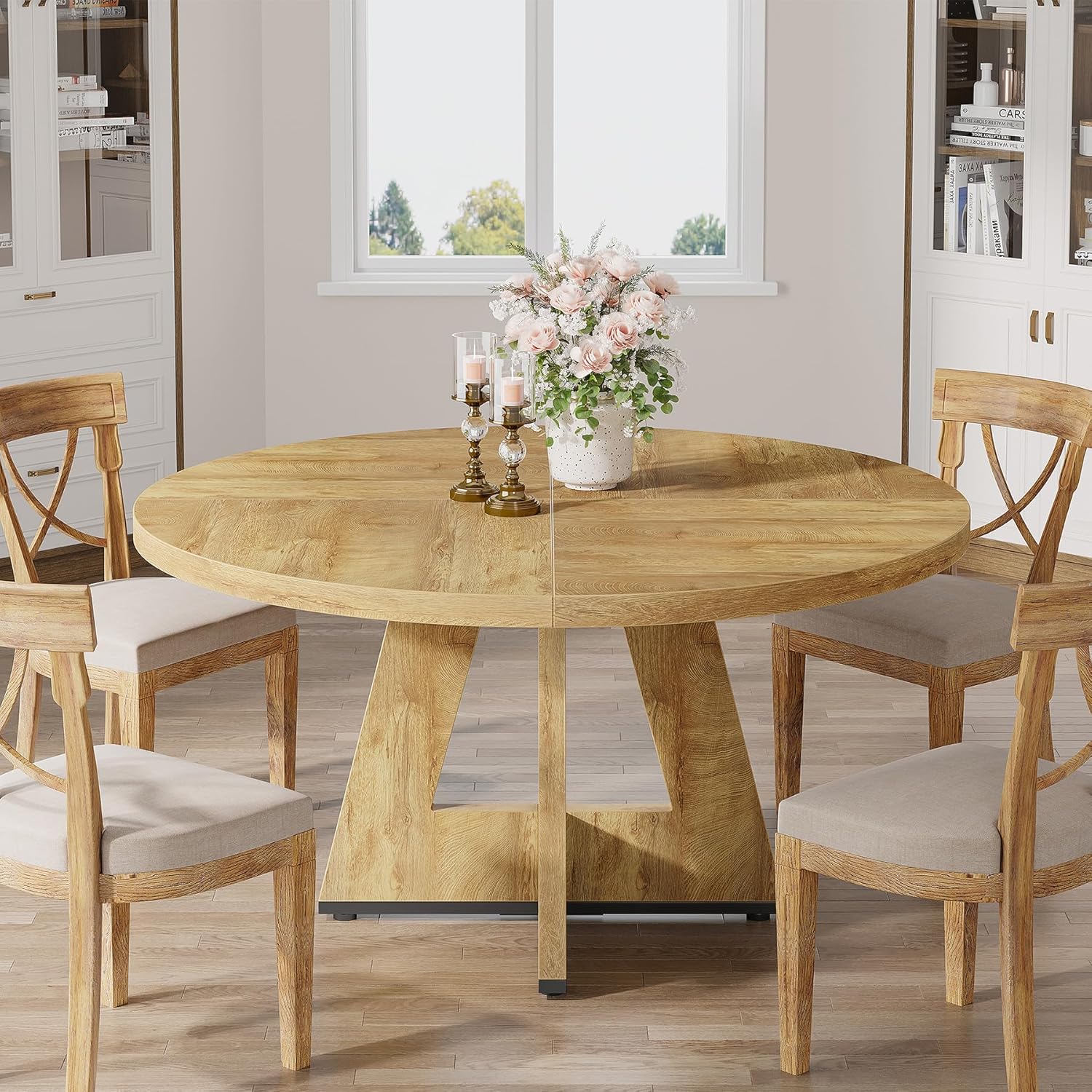 47-Inch Round Farmhouse Dining Table for 4–6 with Cross-Style Pedestal Base - Image 46