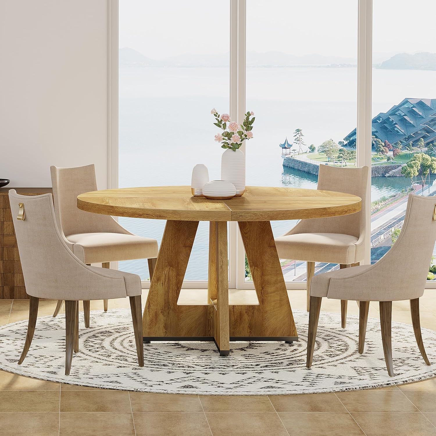 47-Inch Round Farmhouse Dining Table for 4–6 with Cross-Style Pedestal Base - Image 47