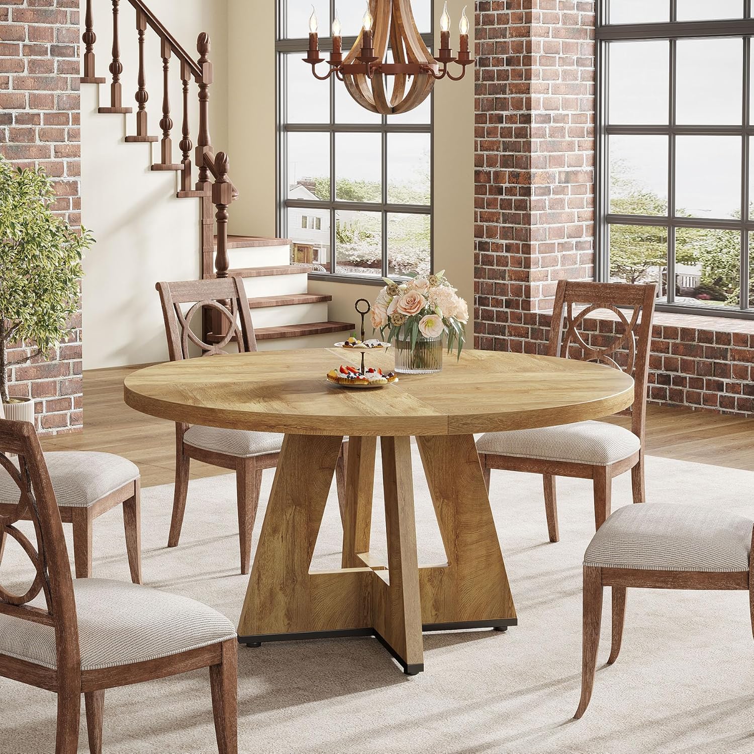 47-Inch Round Farmhouse Dining Table for 4–6 with Cross-Style Pedestal Base - Image 48