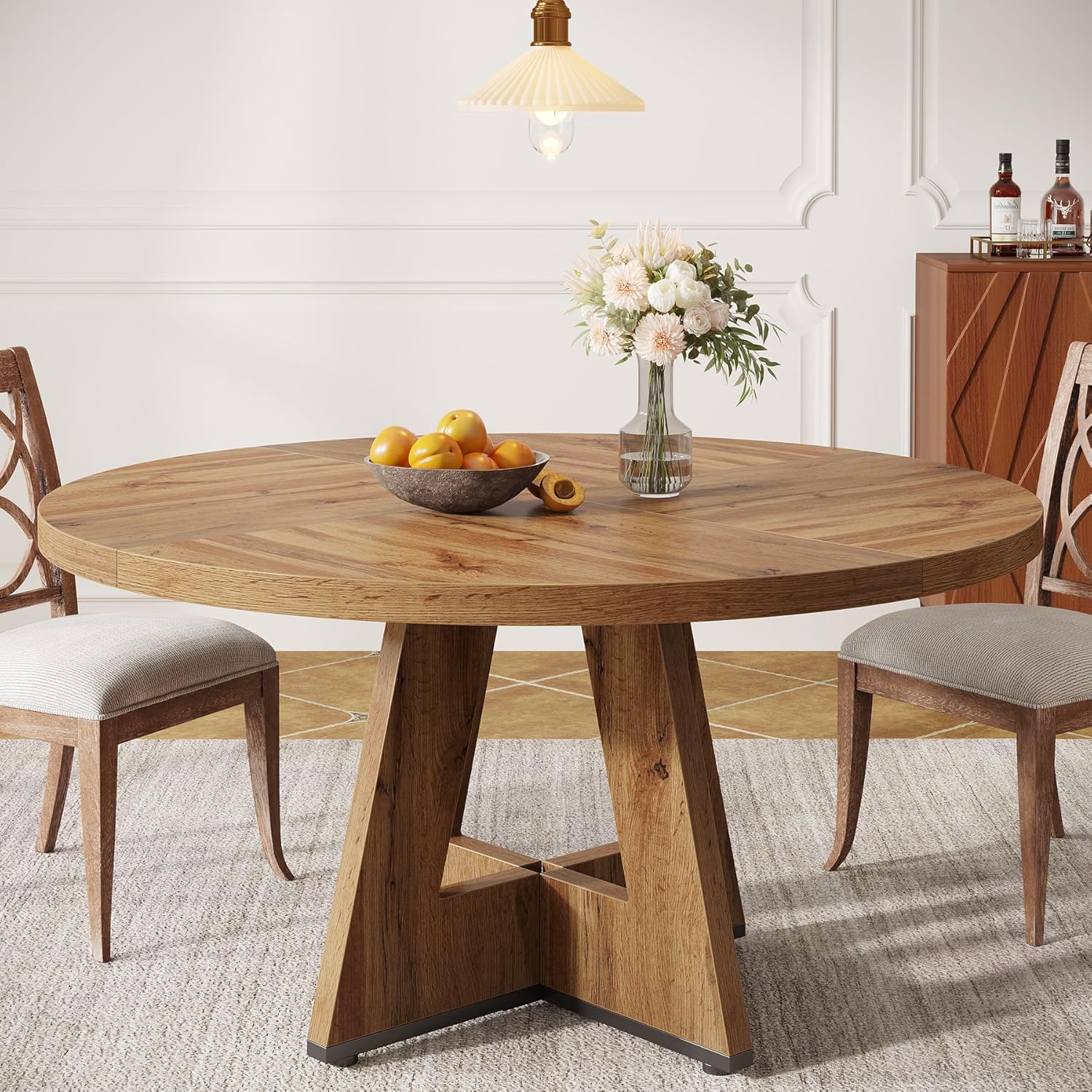 47-Inch Round Farmhouse Dining Table for 4–6 with Cross-Style Pedestal Base - Image 5