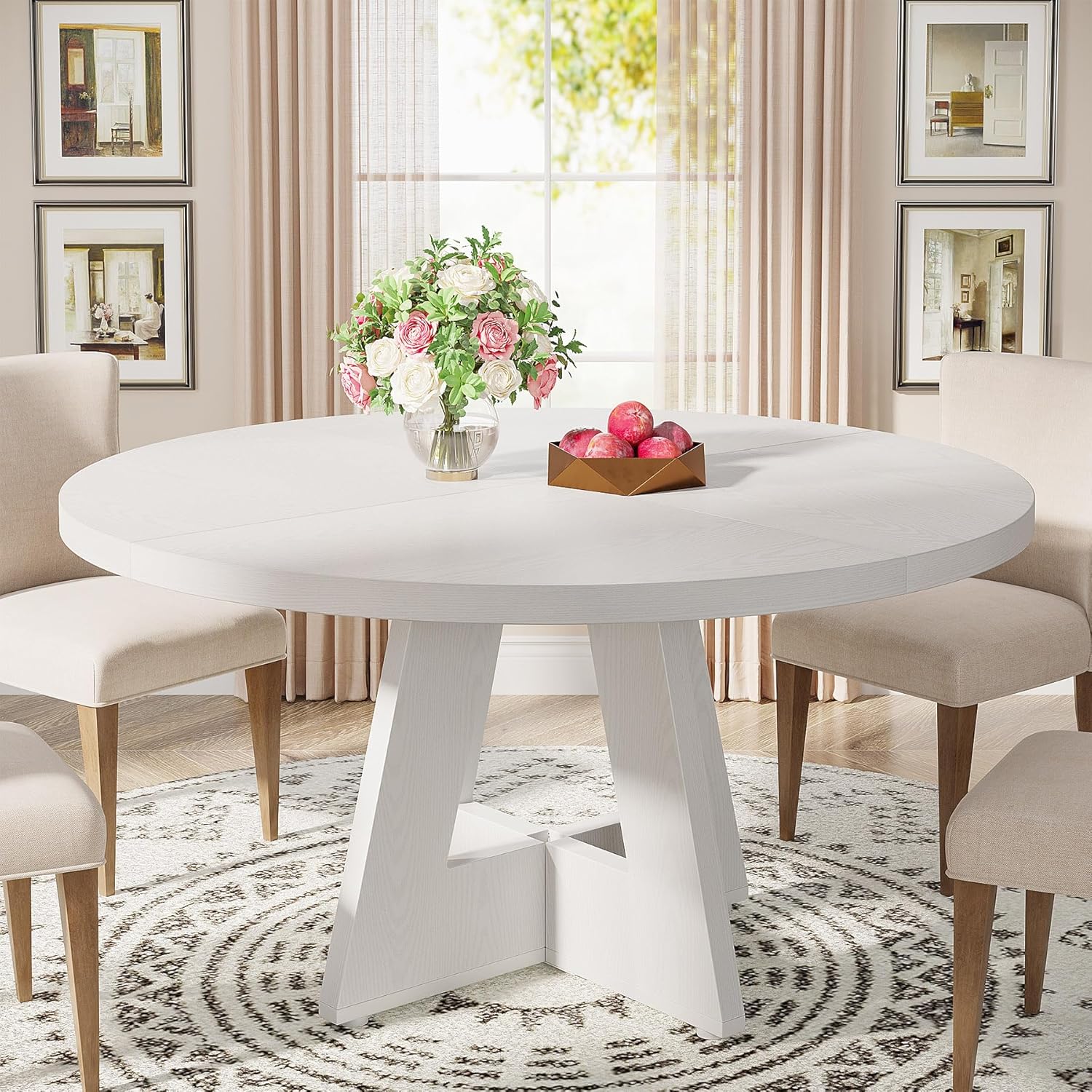 47-Inch Round Farmhouse Dining Table for 4–6 with Cross-Style Pedestal Base - Image 50