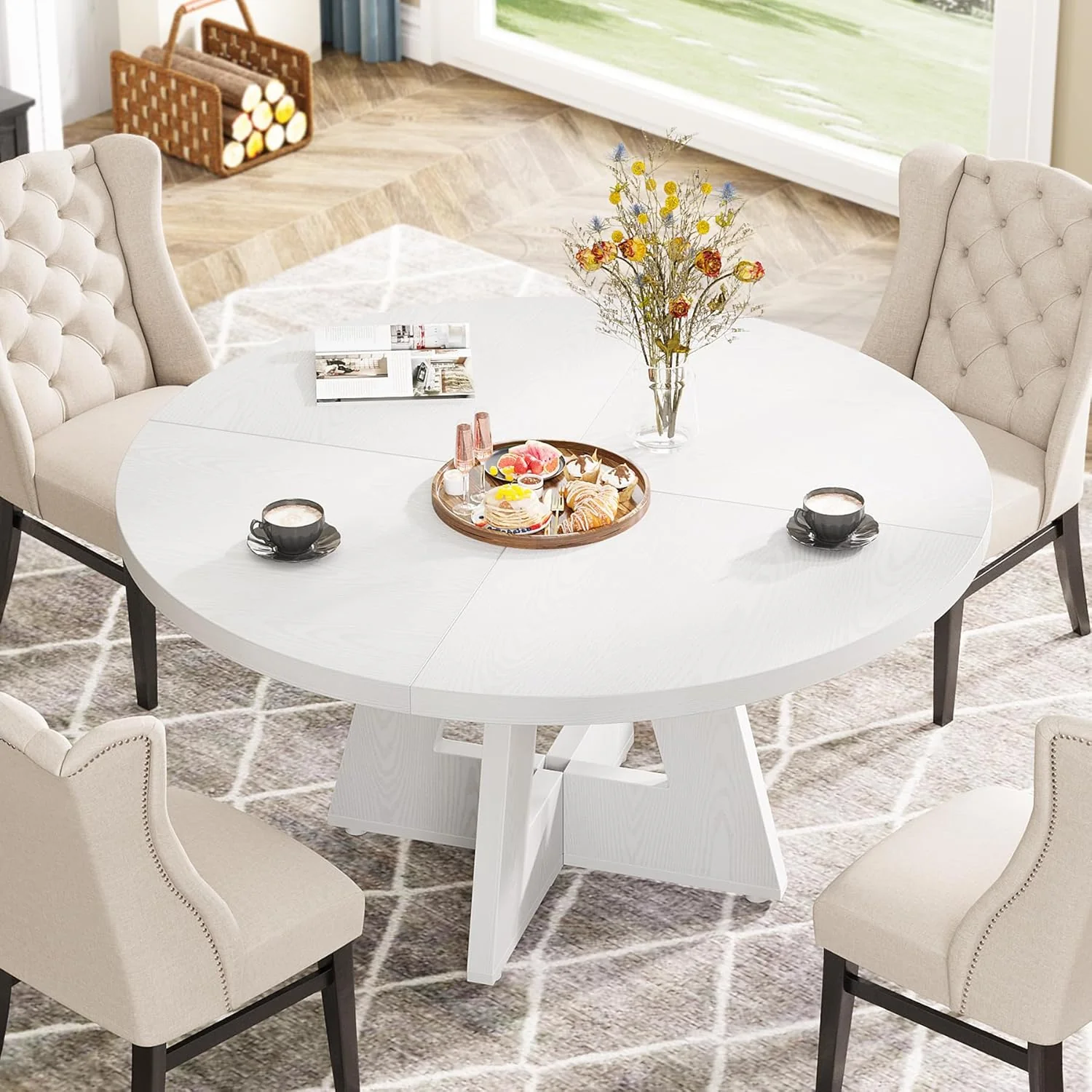 47-Inch Round Farmhouse Dining Table for 4–6 with Cross-Style Pedestal Base - Image 52