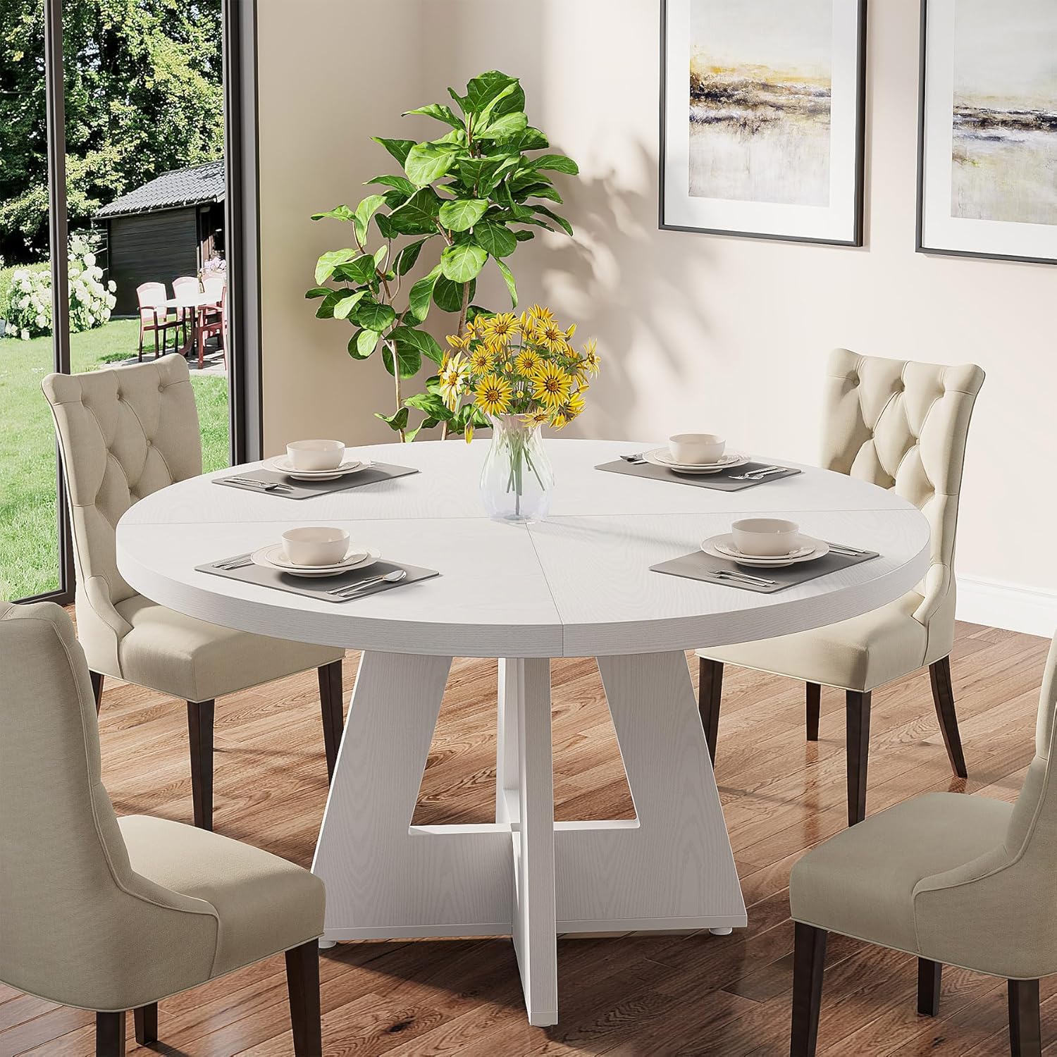 47-Inch Round Farmhouse Dining Table for 4–6 with Cross-Style Pedestal Base - Image 57