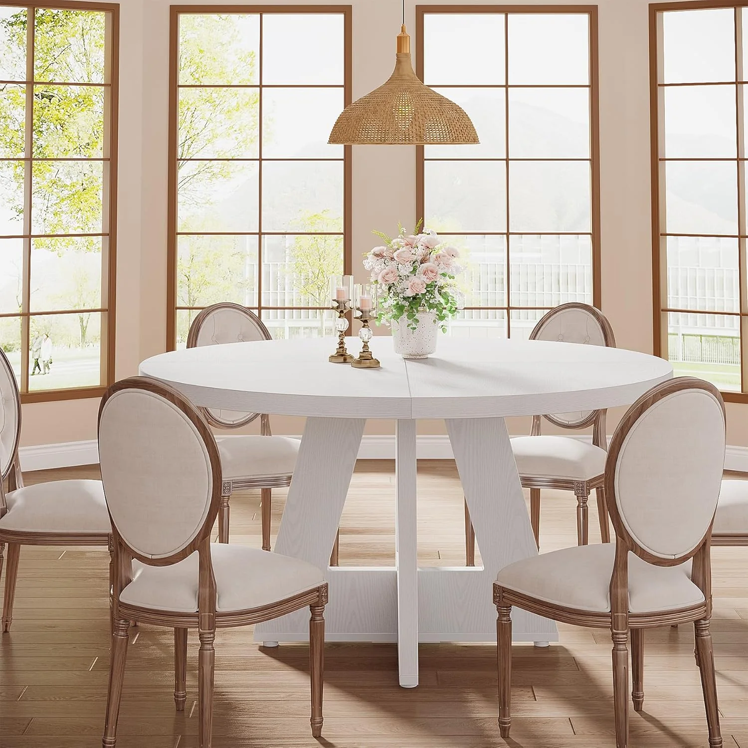 47-Inch Round Farmhouse Dining Table for 4–6 with Cross-Style Pedestal Base - Image 58