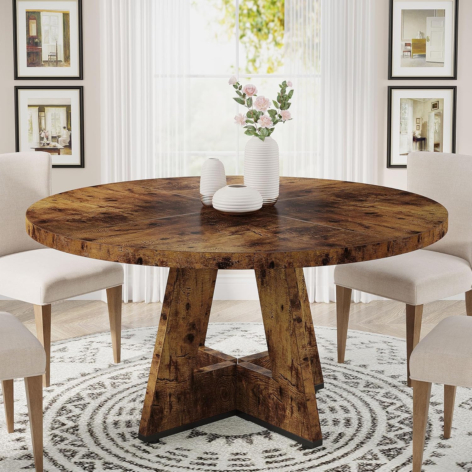 47-Inch Round Farmhouse Dining Table for 4–6 with Cross-Style Pedestal Base - Image 60