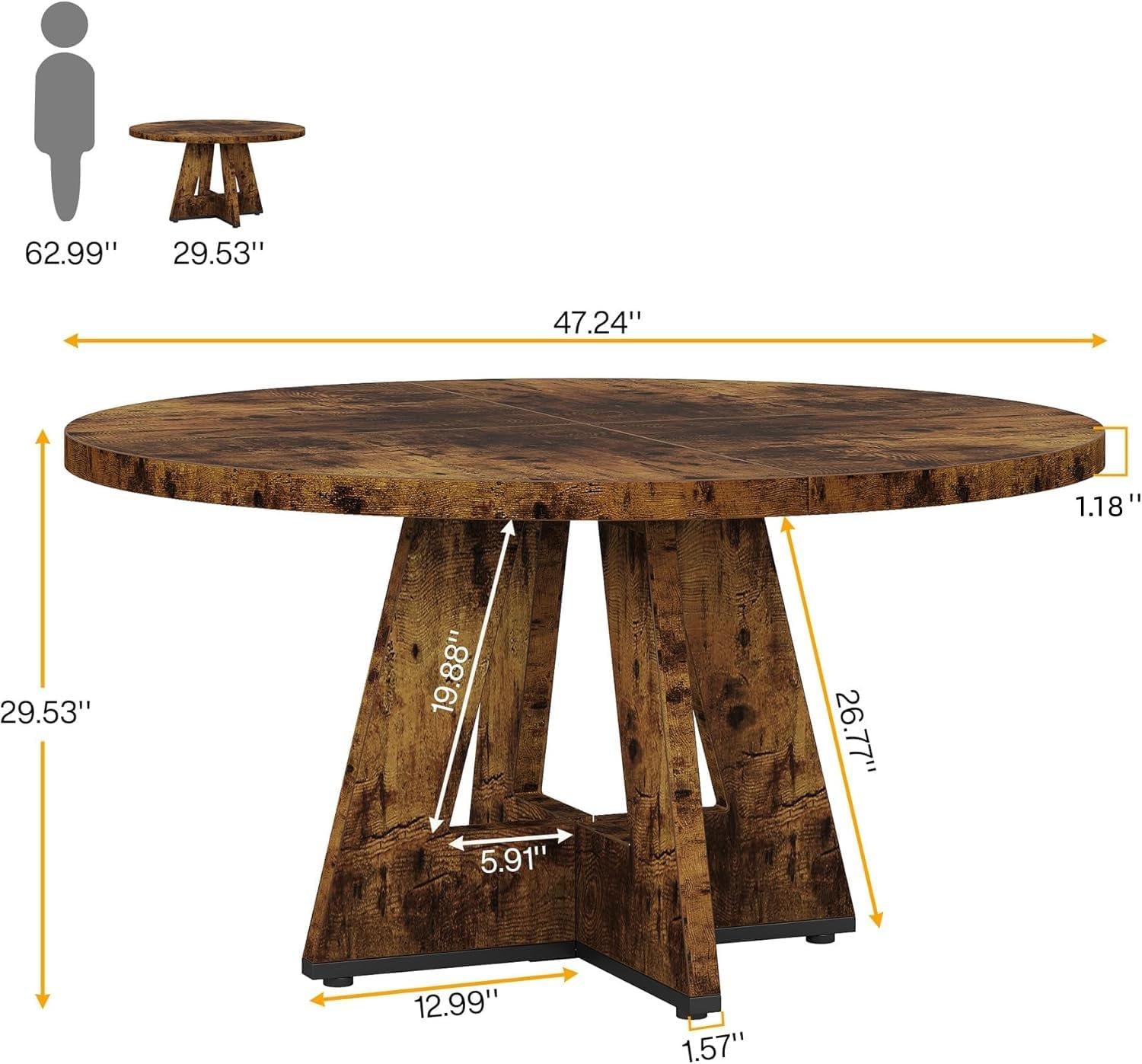 47-Inch Round Farmhouse Dining Table for 4–6 with Cross-Style Pedestal Base - Image 61